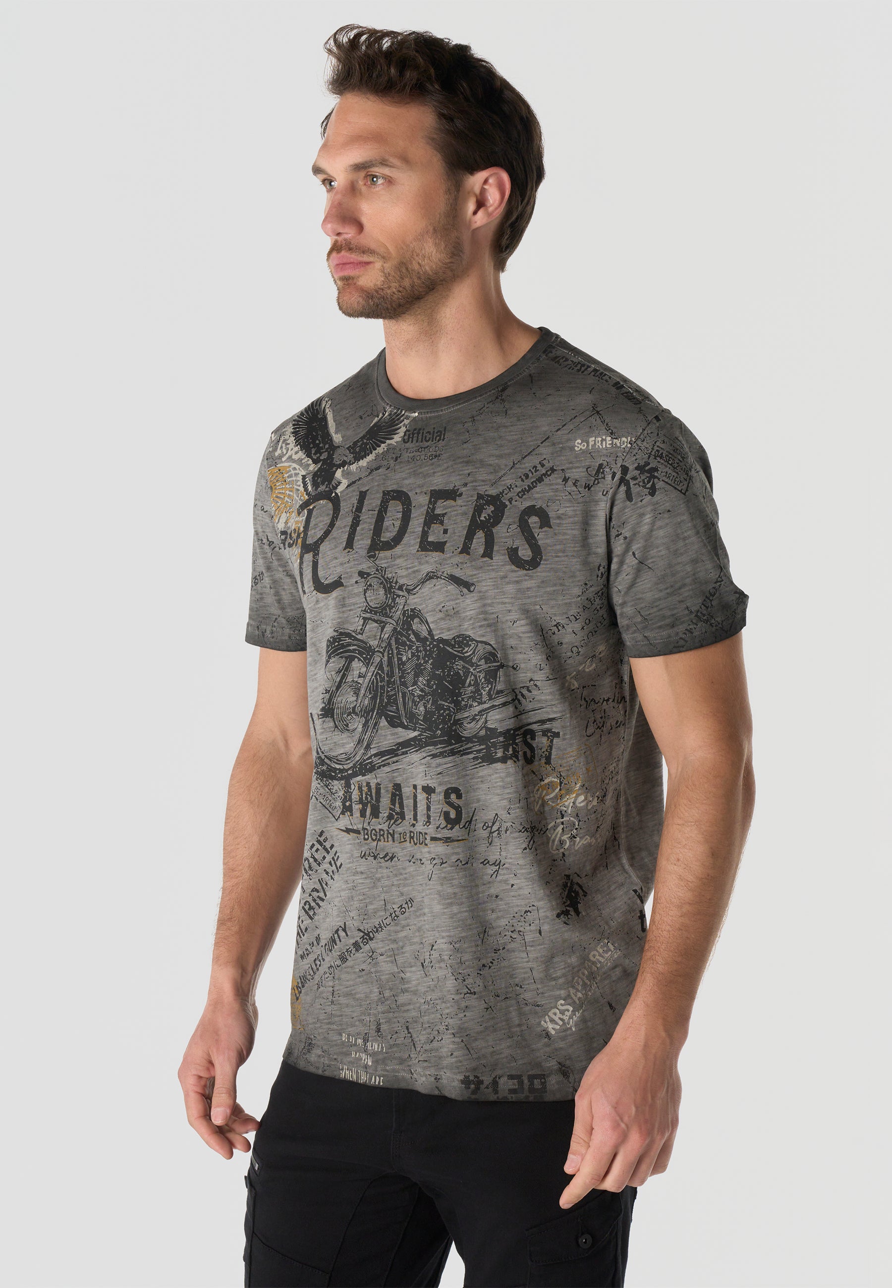 Herren T-Shirt Kurzarm All-Over-Print Grau Used-Optik Rundhals Regular Fit – Koroshi