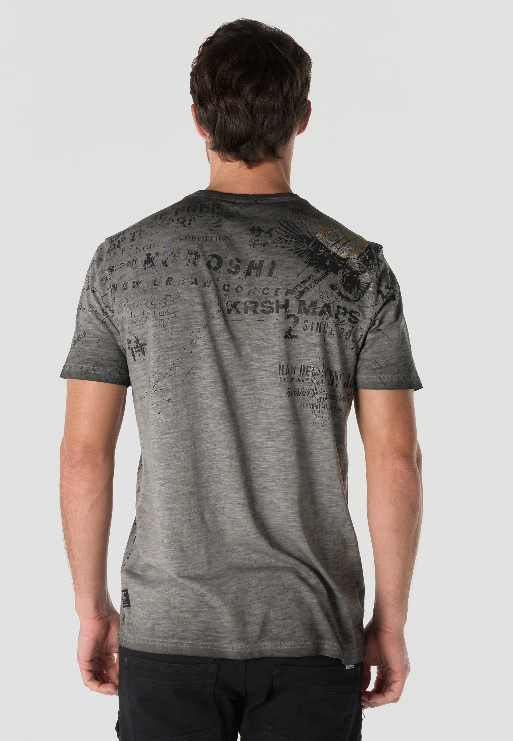 Herren T-Shirt Kurzarm All-Over-Print Grau Used-Optik Rundhals Regular Fit – Koroshi