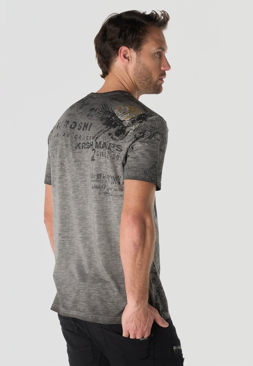 Herren T-Shirt Kurzarm All-Over-Print Grau Used-Optik Rundhals Regular Fit – Koroshi