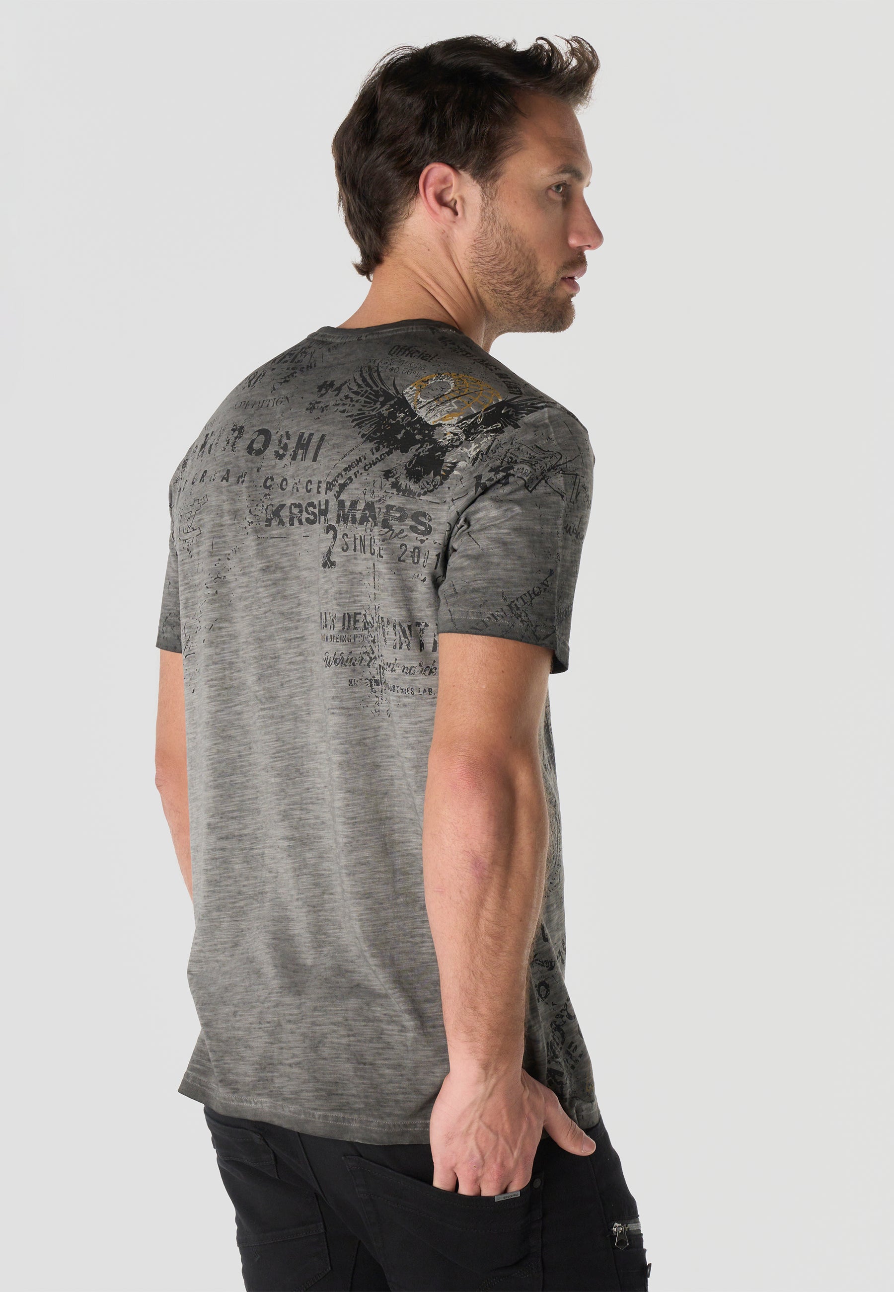 Herren T-Shirt Kurzarm All-Over-Print Grau Used-Optik Rundhals Regular Fit – Koroshi
