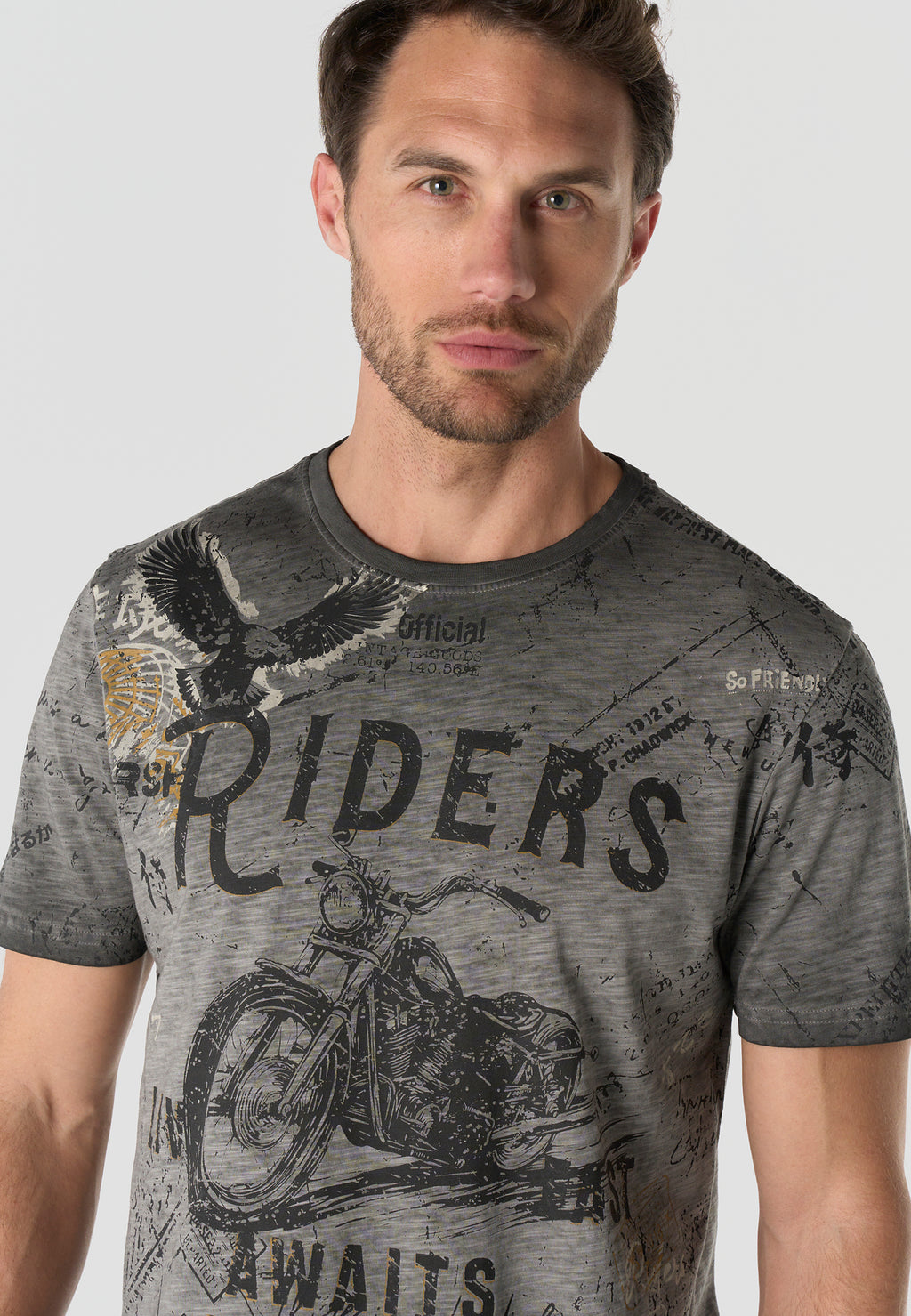 Herren T-Shirt Kurzarm All-Over-Print Grau Used-Optik Rundhals Regular Fit – Koroshi