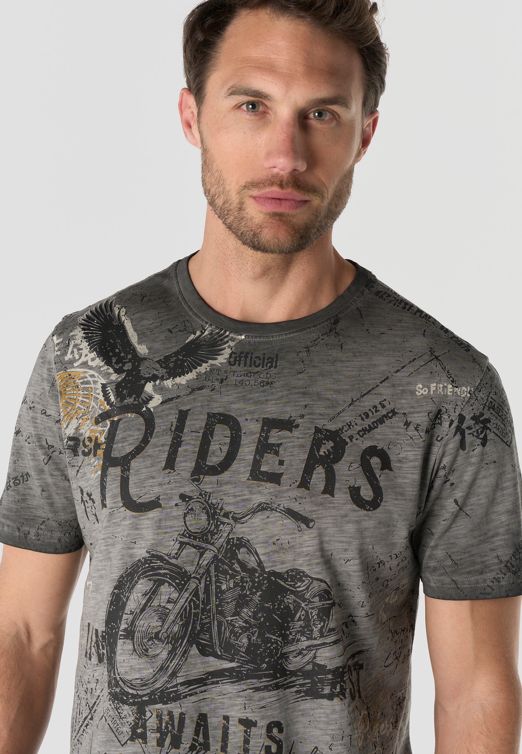 Herren T-Shirt Kurzarm All-Over-Print Grau Used-Optik Rundhals Regular Fit – Koroshi