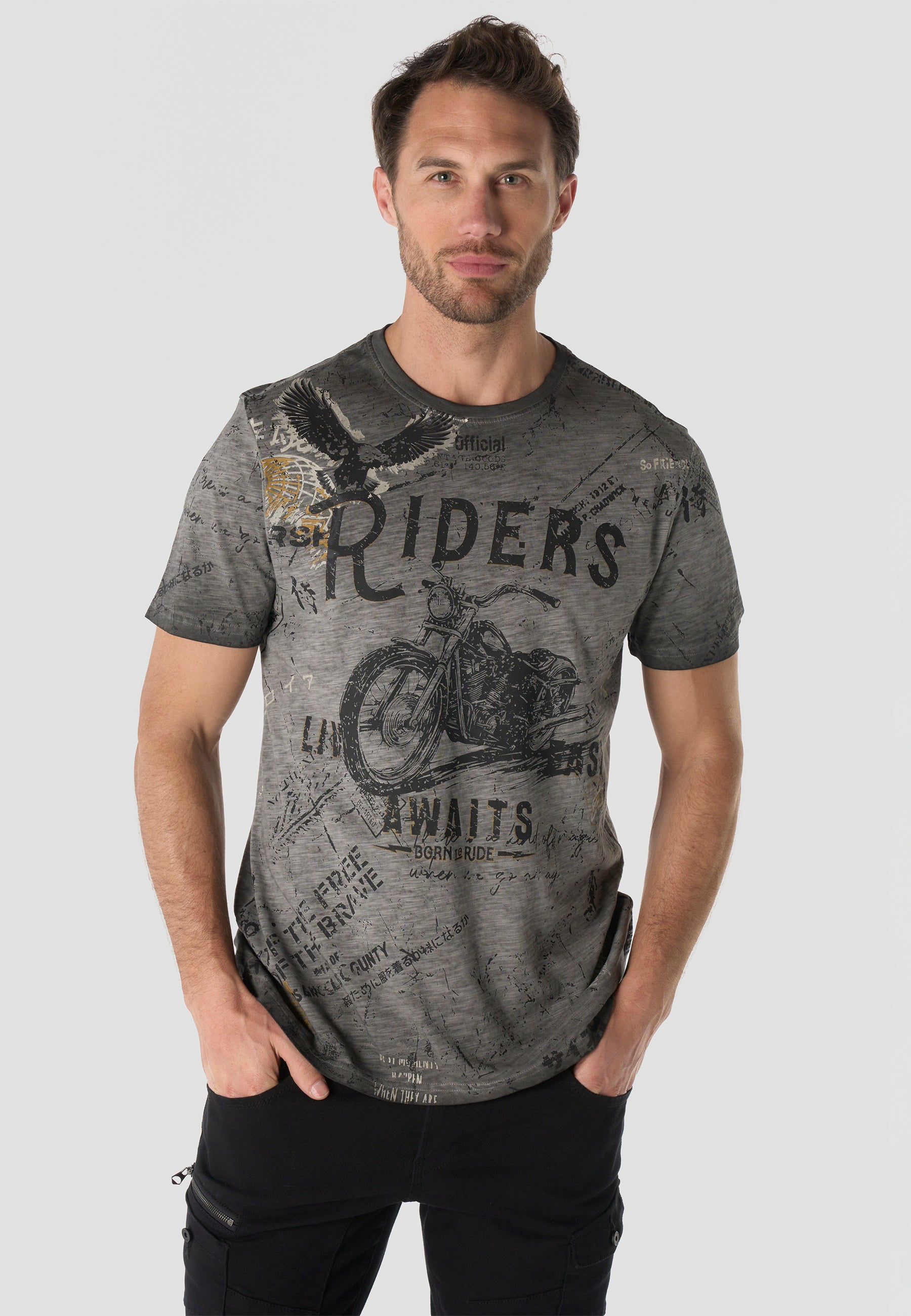Herren T-Shirt Kurzarm All-Over-Print Grau Used-Optik Rundhals Regular Fit – Koroshi