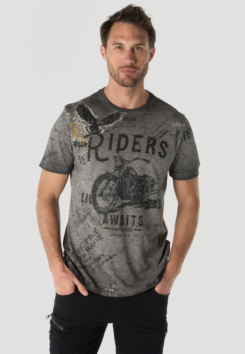 Herren T-Shirt Kurzarm All-Over-Print Grau Used-Optik Rundhals Regular Fit – Koroshi