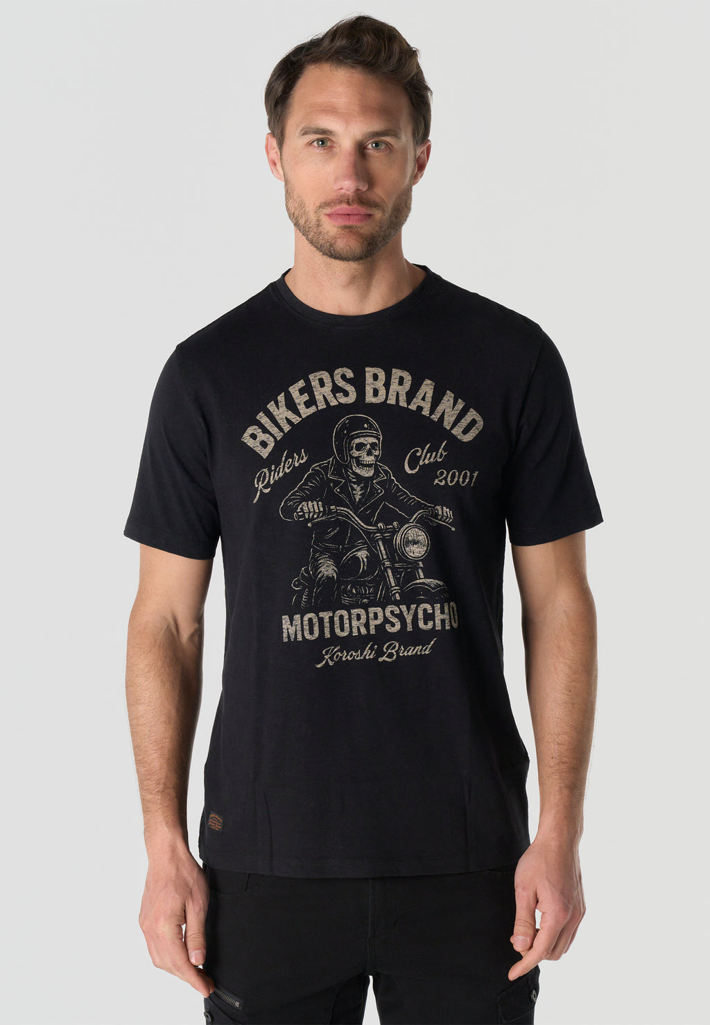 T-shirt Homme Manches Courtes Noir Imprime Devant Effet Delave Vintage Col Rond – KOROSHI