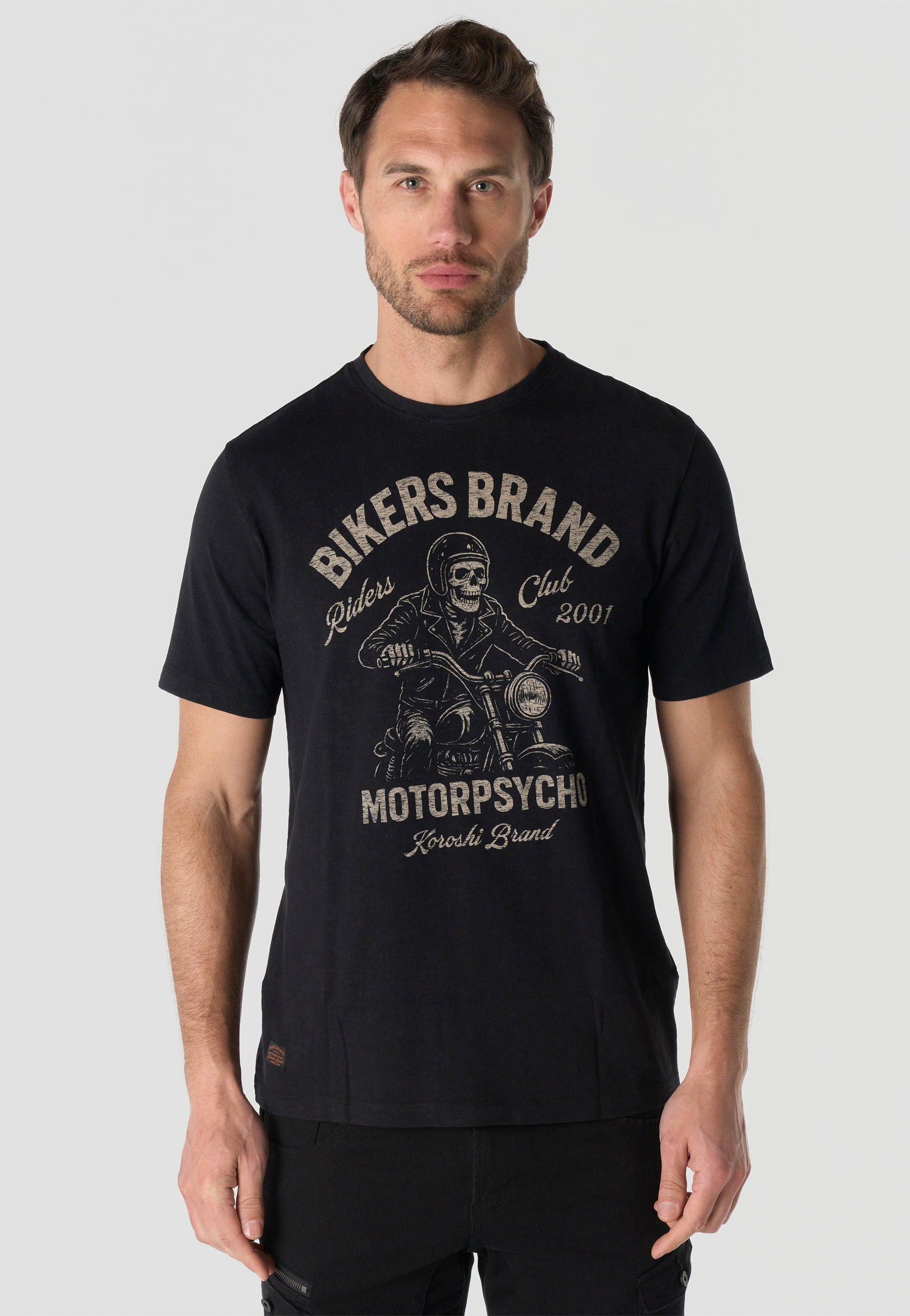 T-shirt Homme Manches Courtes Noir Imprime Devant Effet Delave Vintage Col Rond – KOROSHI