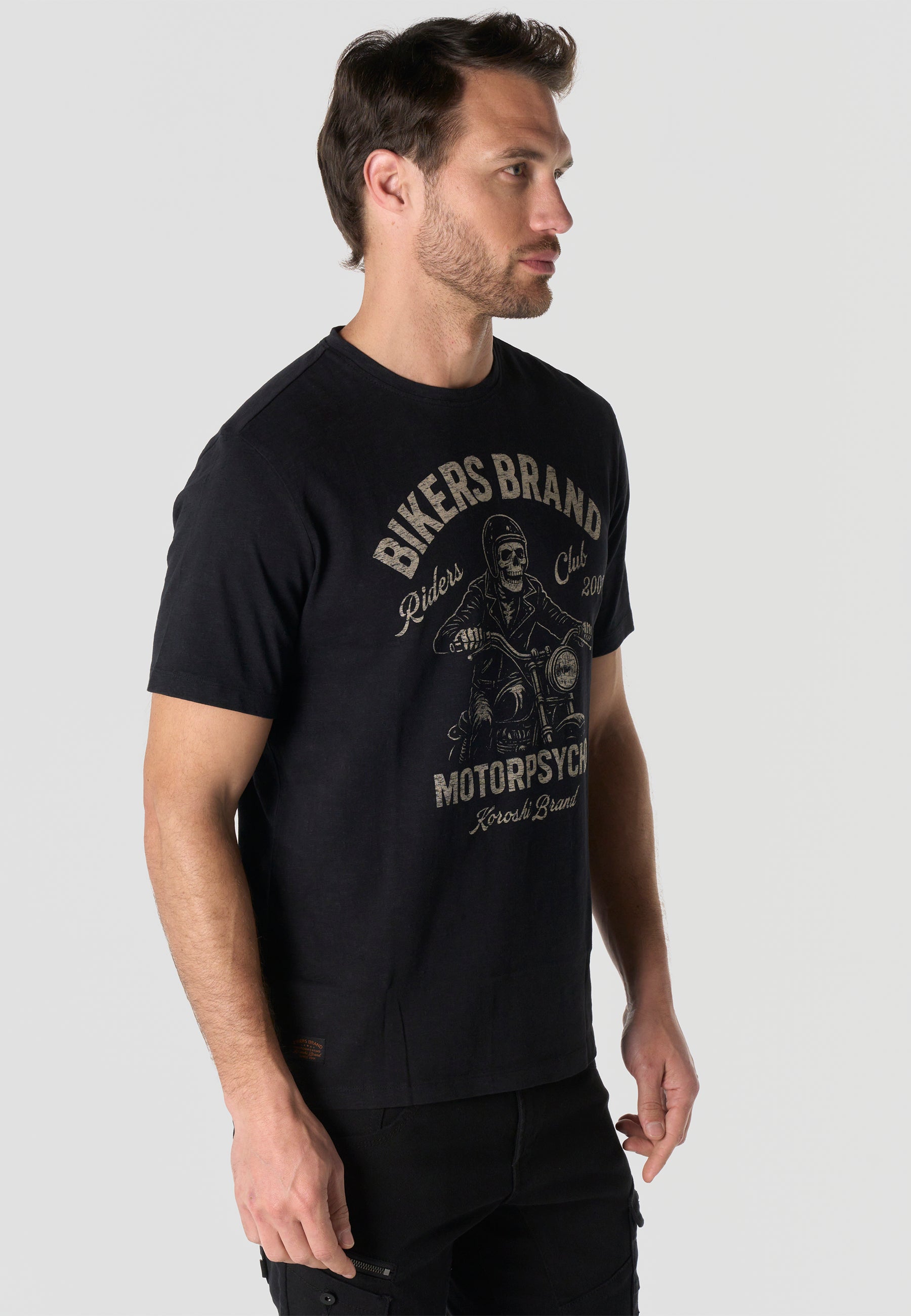 T-shirt Homme Manches Courtes Noir Imprime Devant Effet Delave Vintage Col Rond – KOROSHI