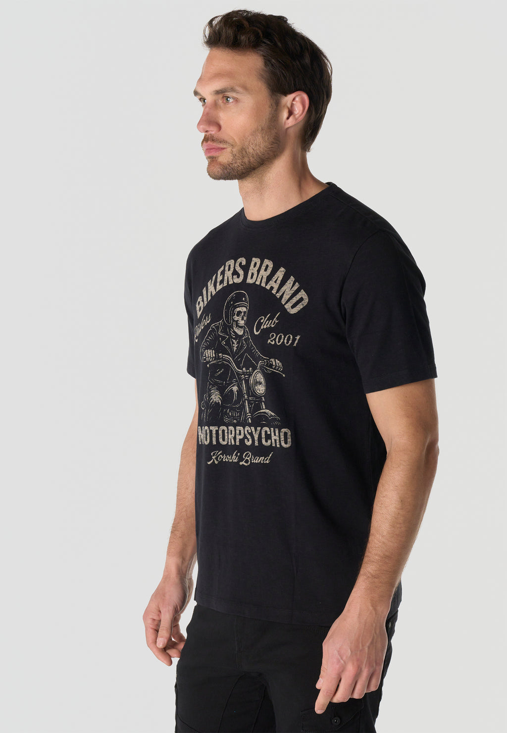 T-shirt Homme Manches Courtes Noir Imprime Devant Effet Delave Vintage Col Rond – KOROSHI