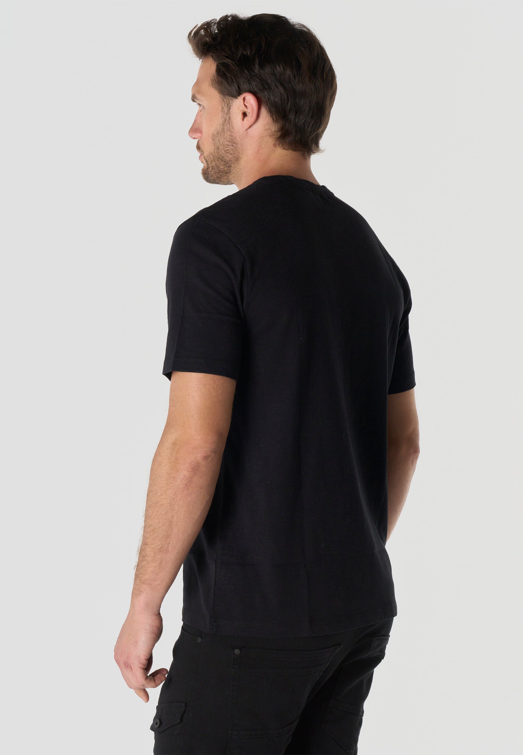 T-shirt Homme Manches Courtes Noir Imprime Devant Effet Delave Vintage Col Rond – KOROSHI
