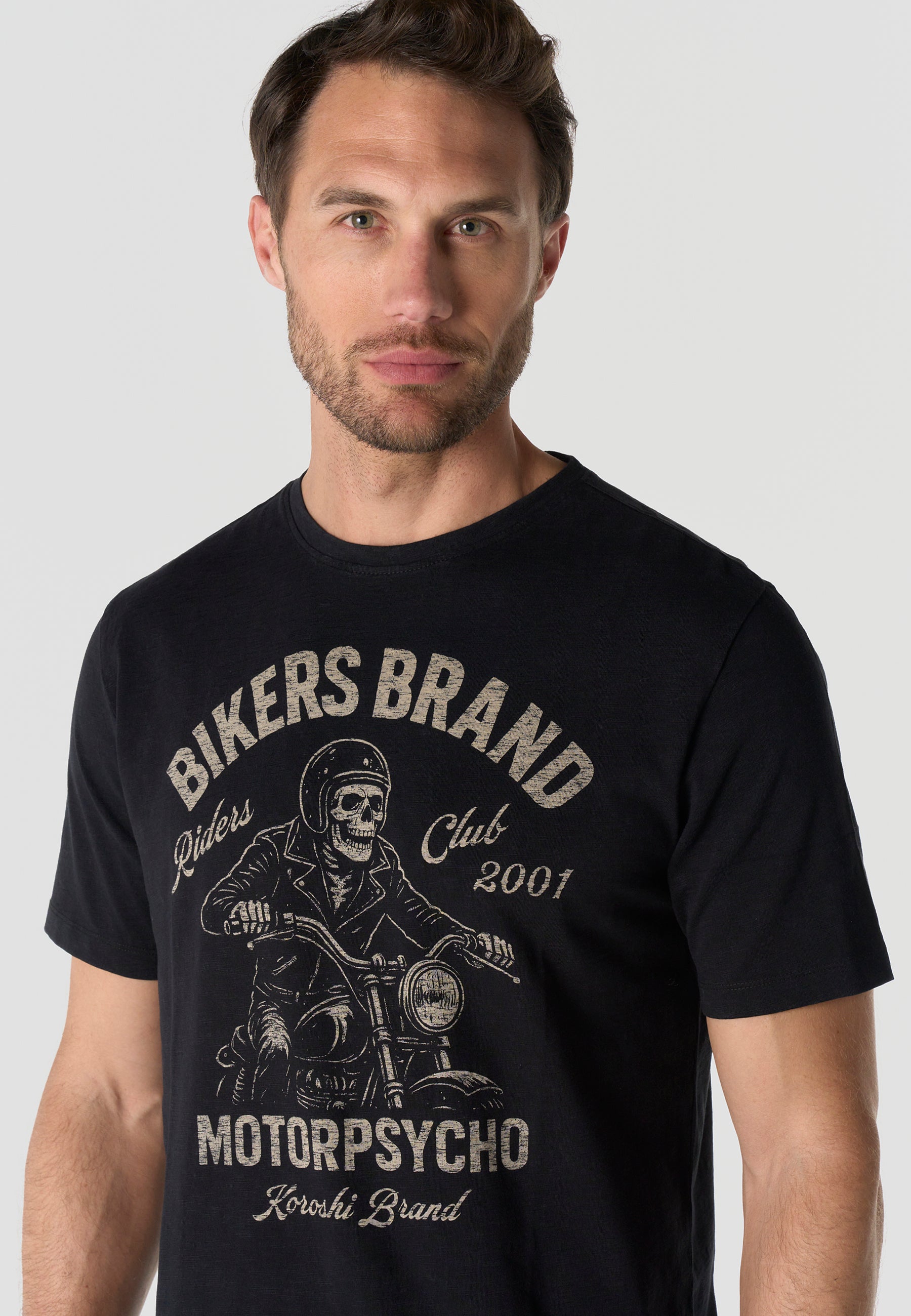 T-shirt Homme Manches Courtes Noir Imprime Devant Effet Delave Vintage Col Rond – KOROSHI