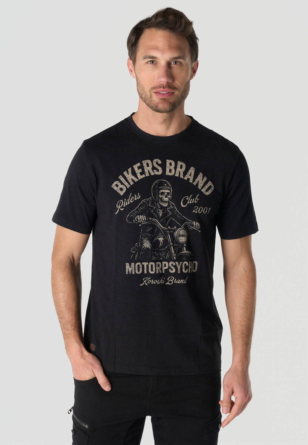 T-shirt Homme Manches Courtes Noir Imprime Devant Effet Delave Vintage Col Rond – KOROSHI