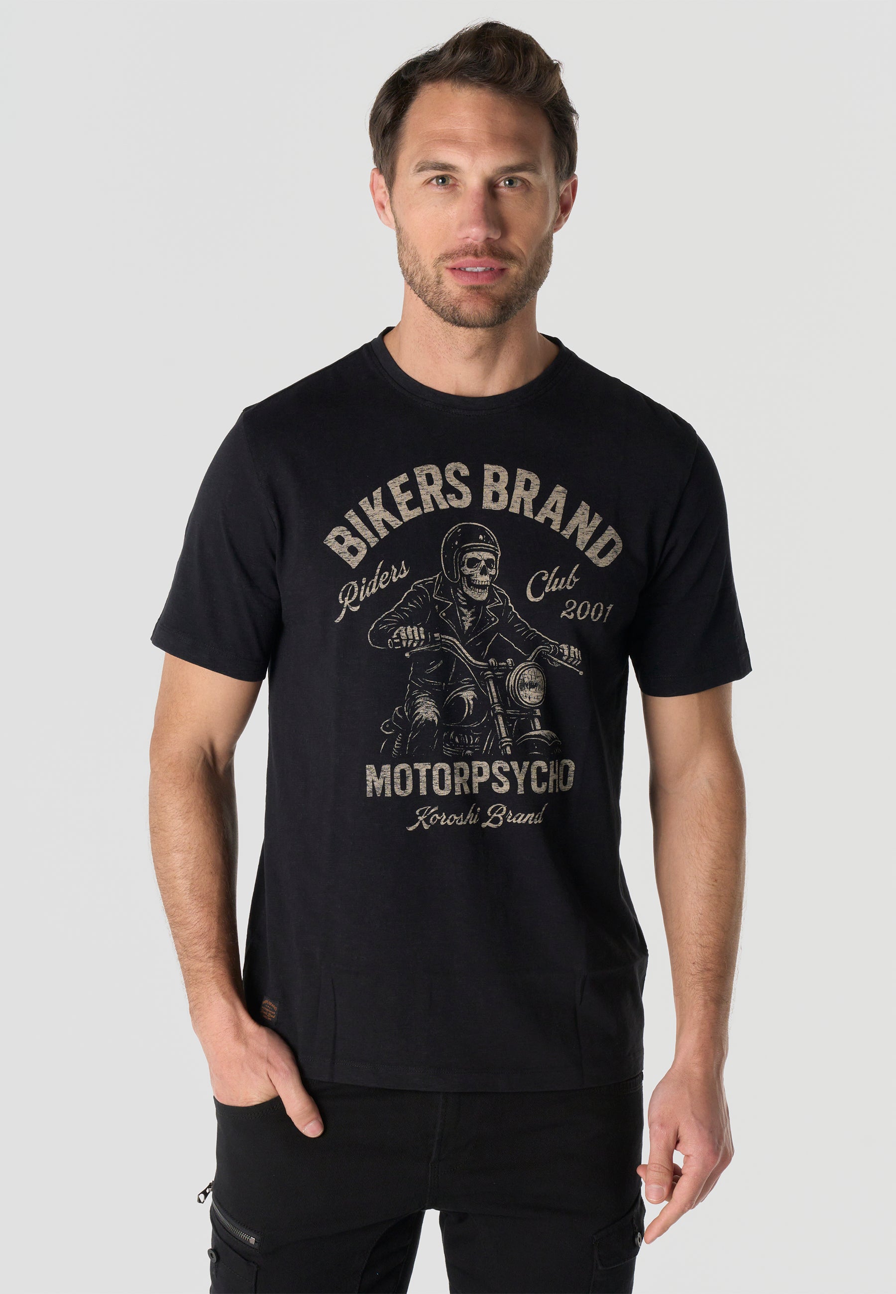 T-shirt Homme Manches Courtes Noir Imprime Devant Effet Delave Vintage Col Rond – KOROSHI