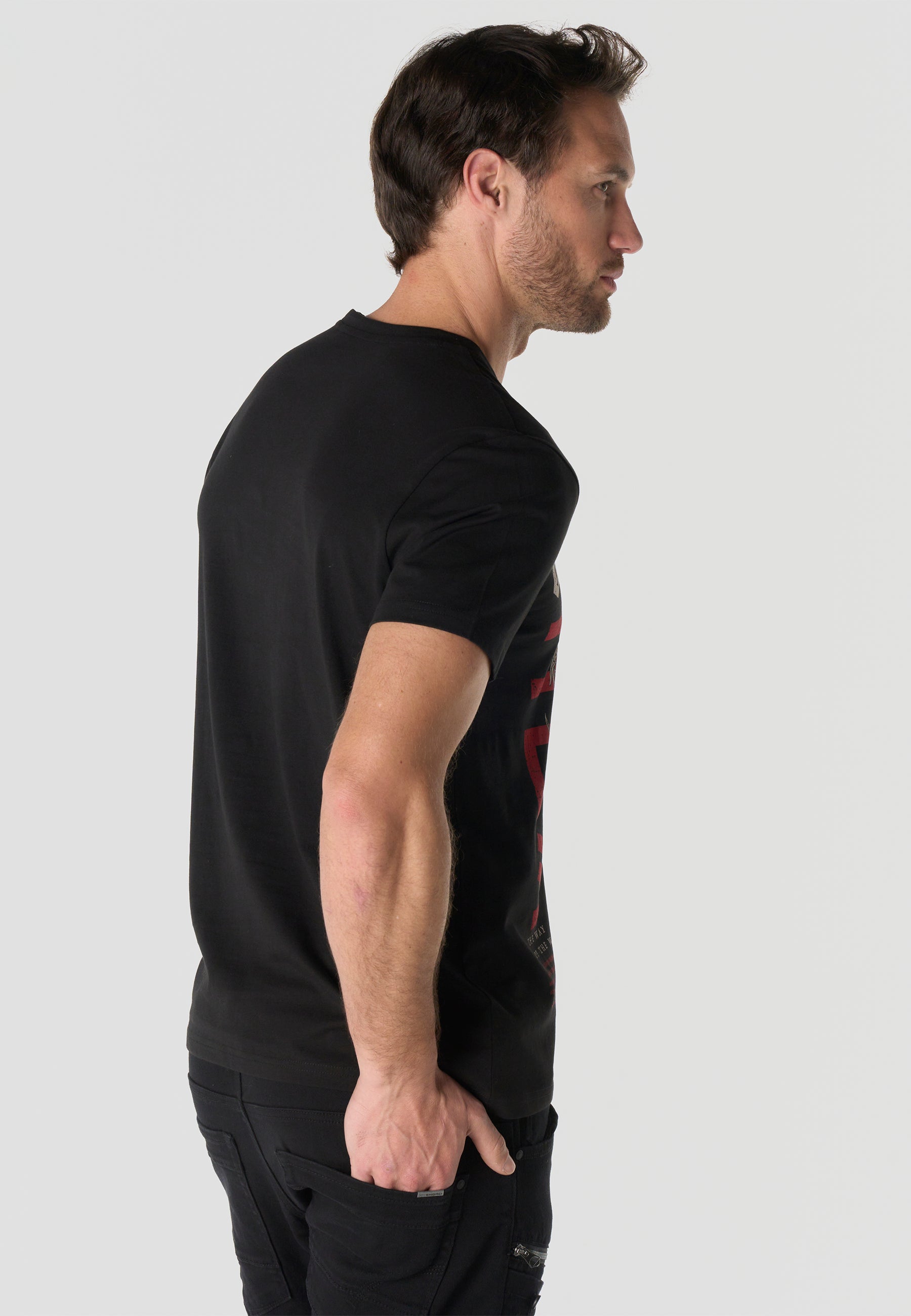 T-shirt homme manches courtes imprimé noir col rond coupe regular - KOROSHI