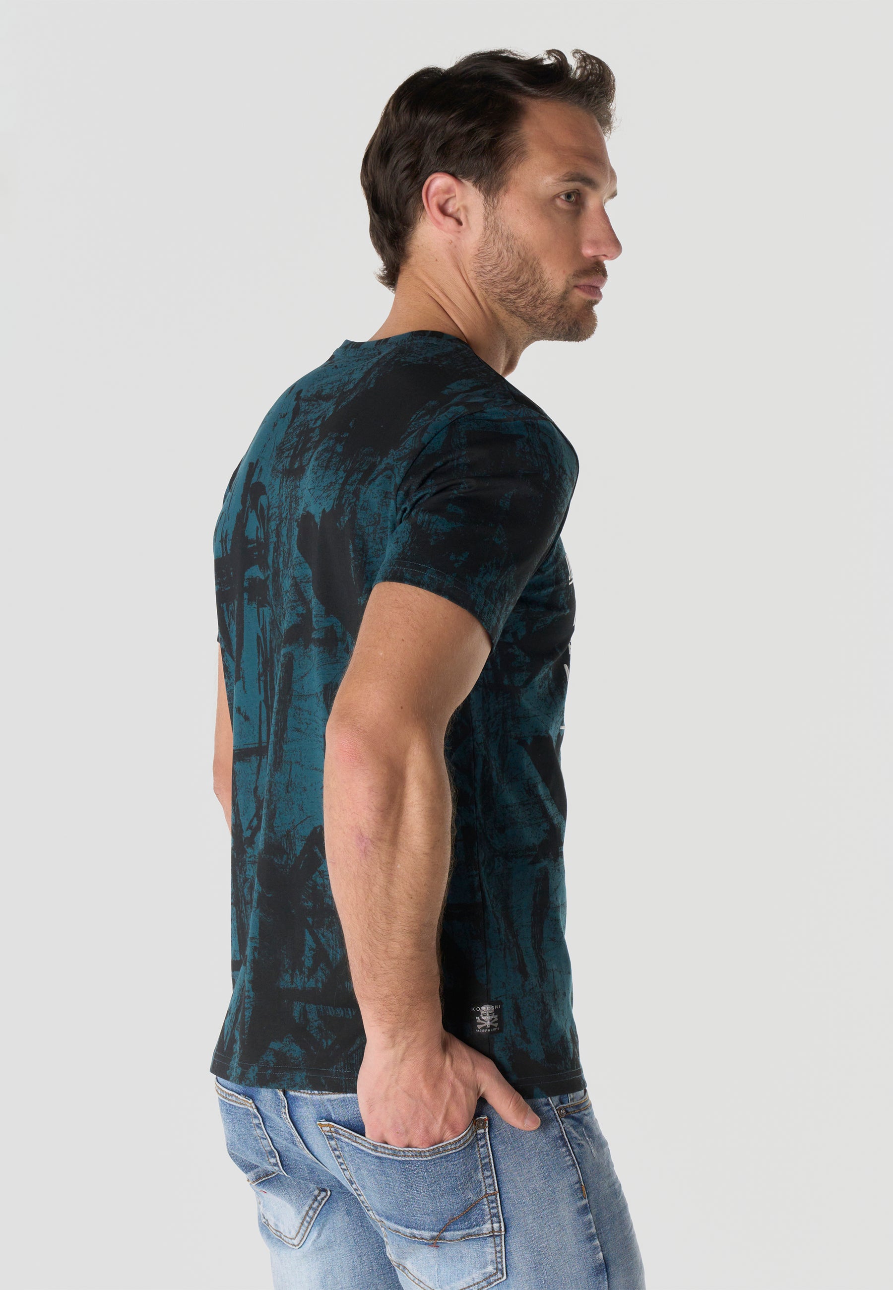 Men's Short Sleeve All Over Print T-Shirt Petrol Crew Neck Regular Fit – Koroshi