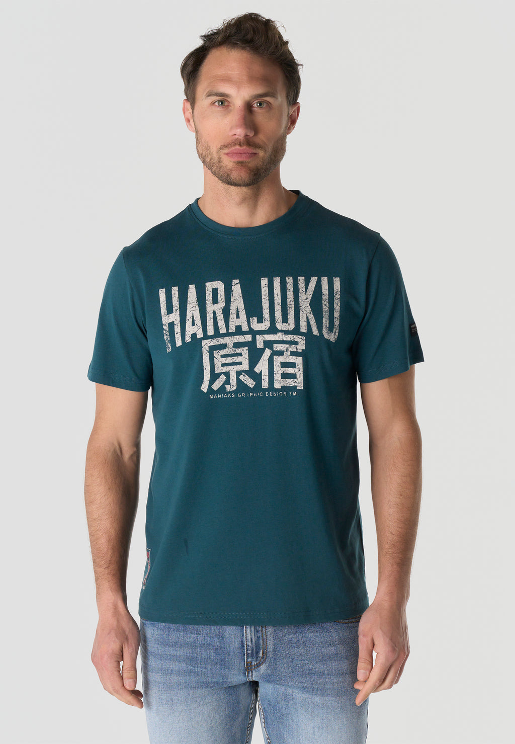 Herren T-Shirt Kurzarm Print Rundhals Regular Fit - Koroshi Petrol
