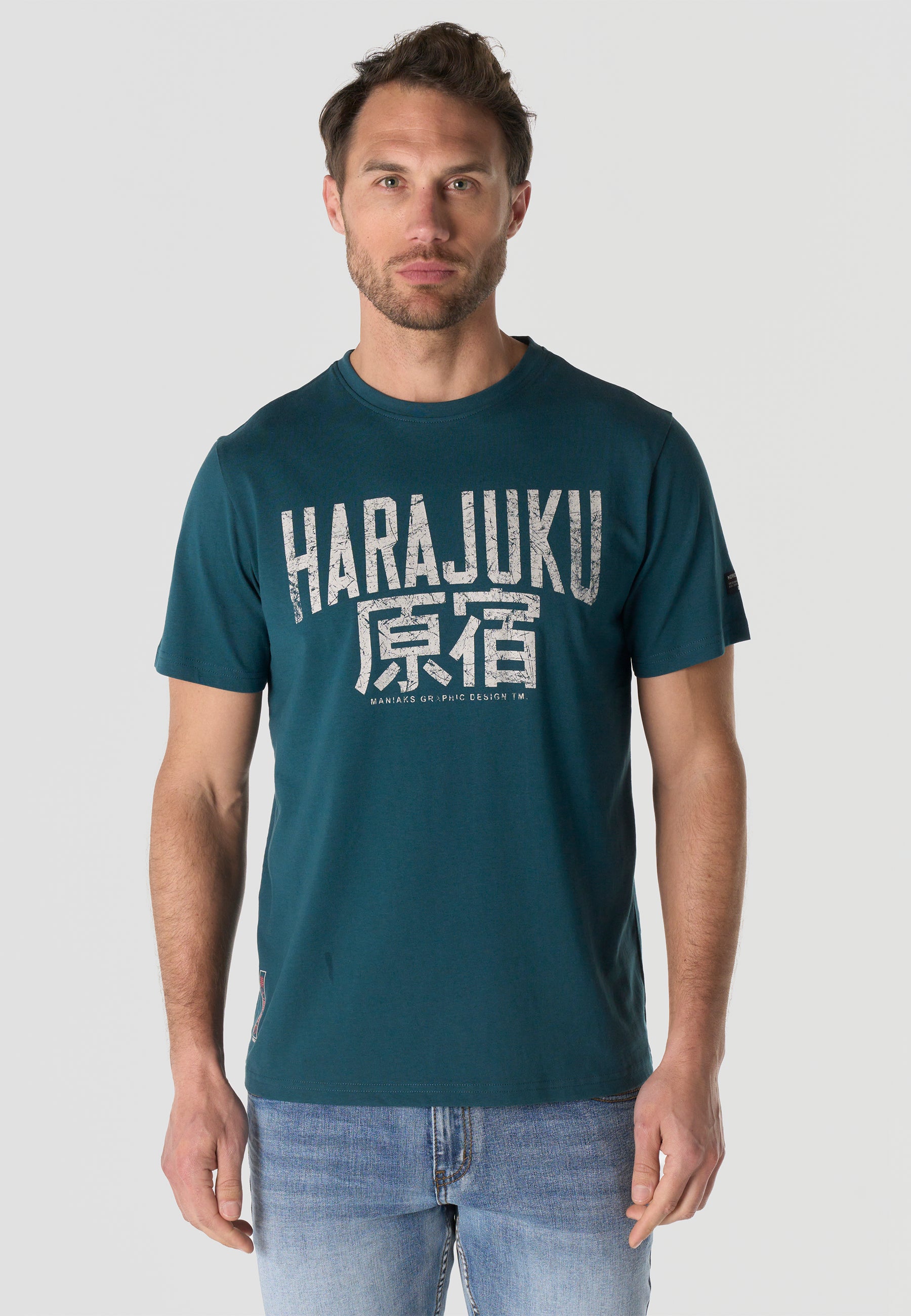 Herren T-Shirt Kurzarm Print Rundhals Regular Fit - Koroshi Petrol