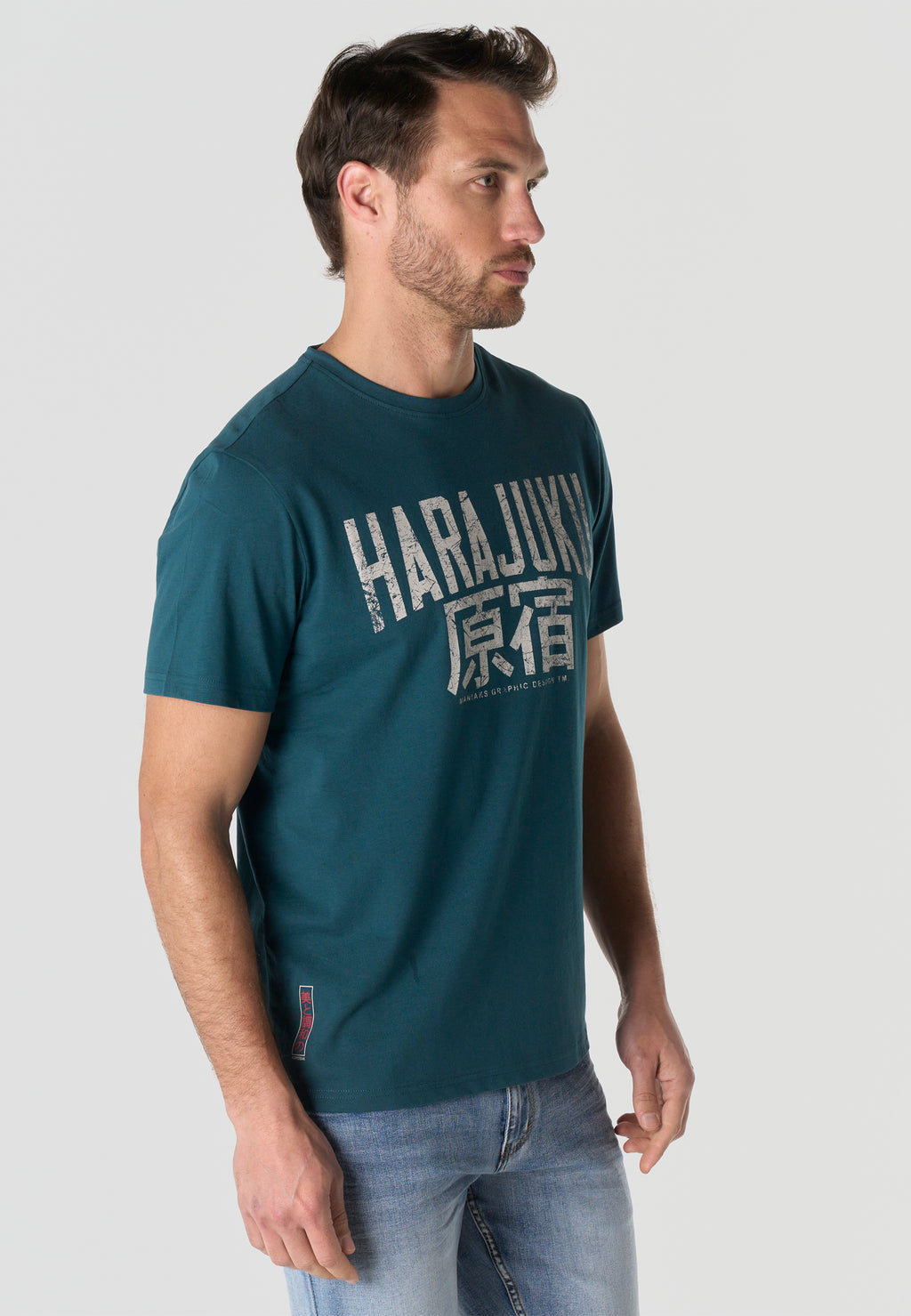 Herren T-Shirt Kurzarm Print Rundhals Regular Fit - Koroshi Petrol