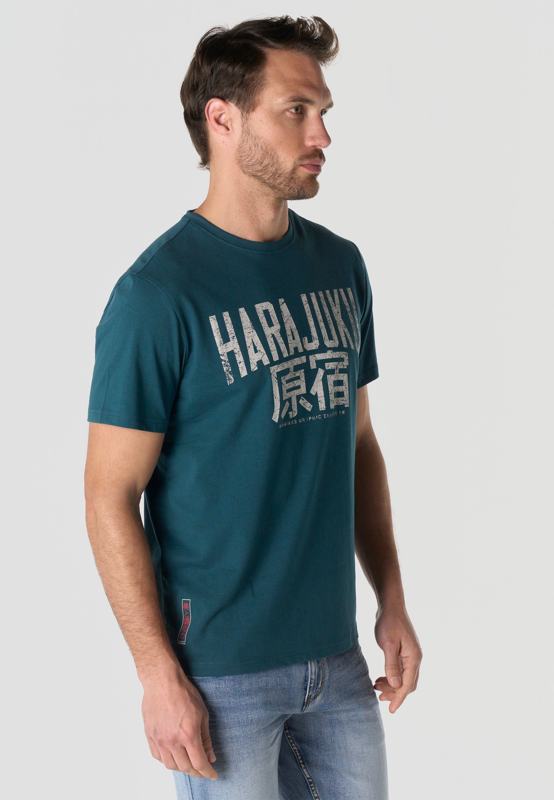 Herren T-Shirt Kurzarm Print Rundhals Regular Fit - Koroshi Petrol