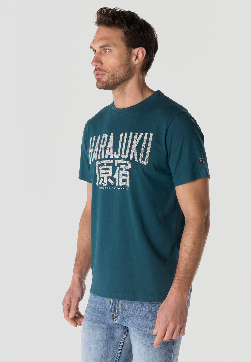 Herren T-Shirt Kurzarm Print Rundhals Regular Fit - Koroshi Petrol