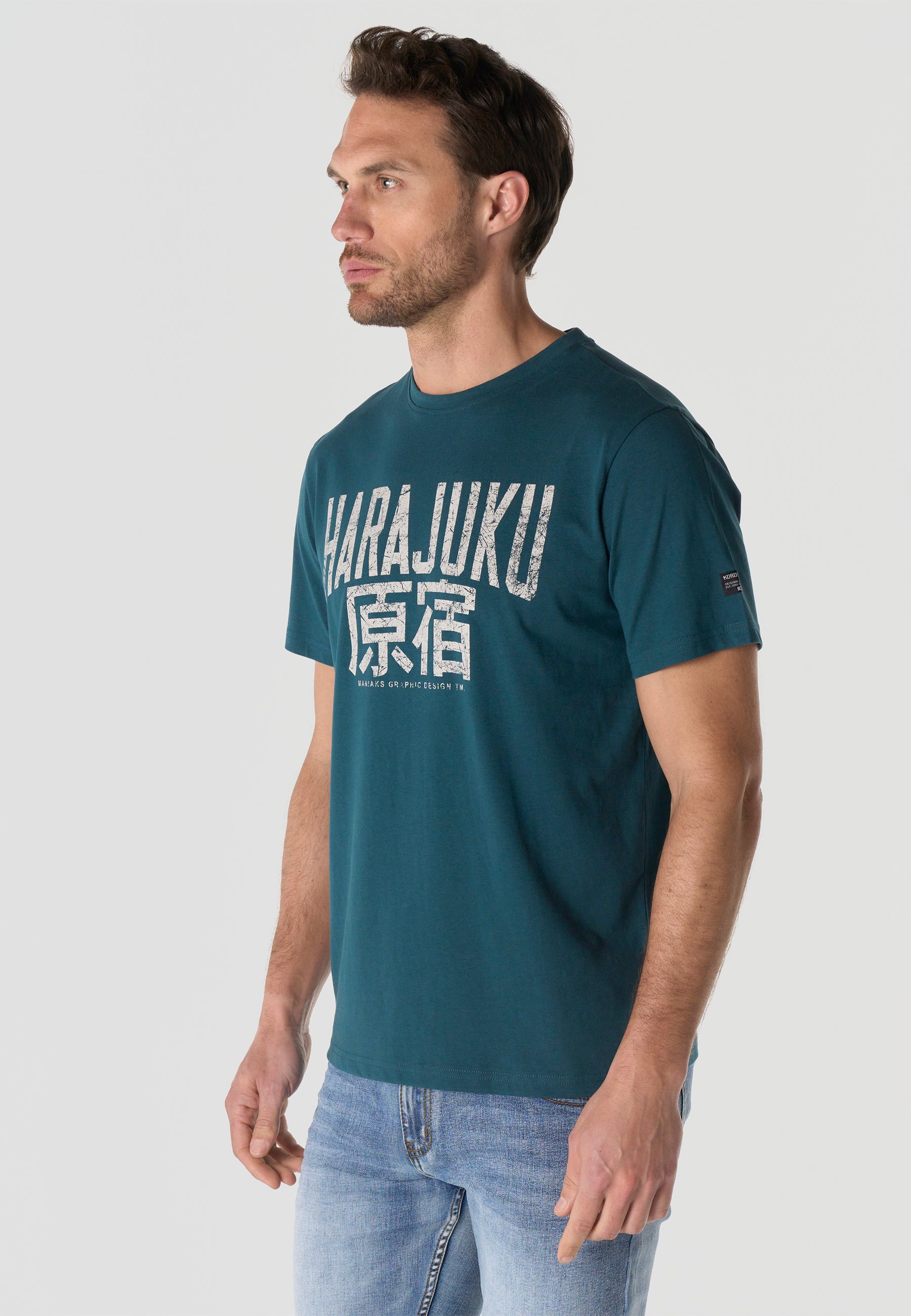 Herren T-Shirt Kurzarm Print Rundhals Regular Fit - Koroshi Petrol