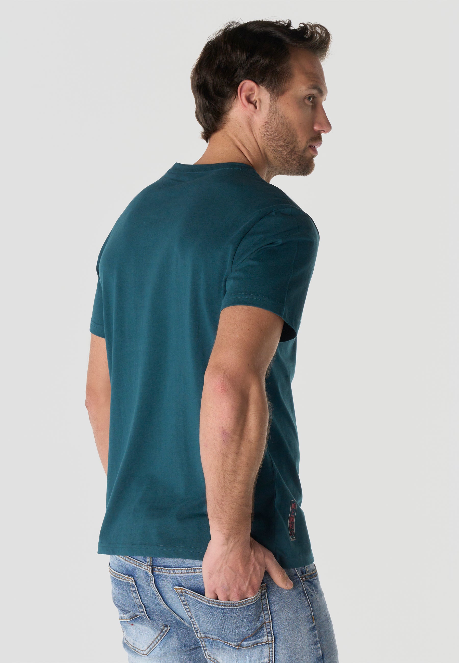 Herren T-Shirt Kurzarm Print Rundhals Regular Fit - Koroshi Petrol