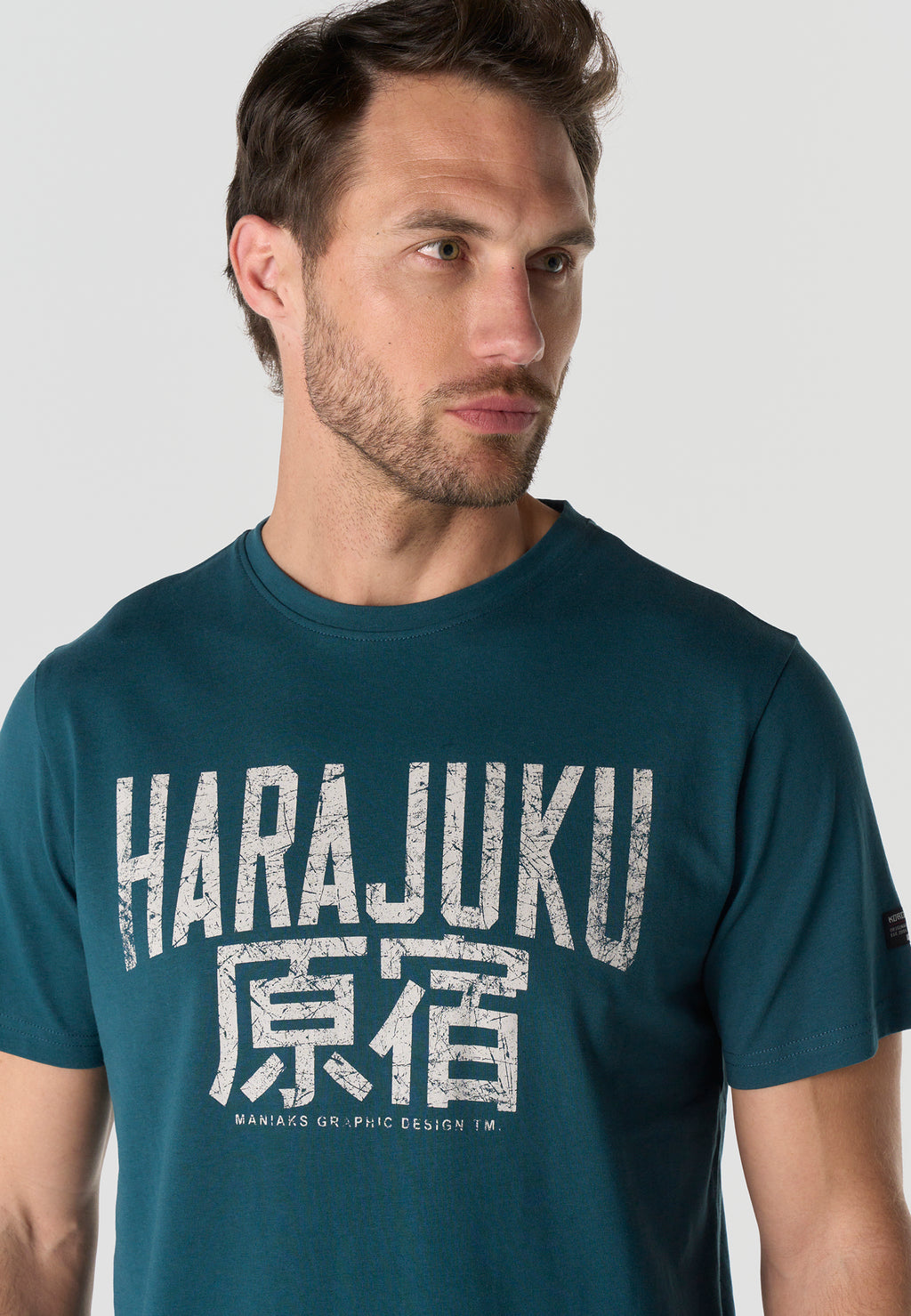 Herren T-Shirt Kurzarm Print Rundhals Regular Fit - Koroshi Petrol