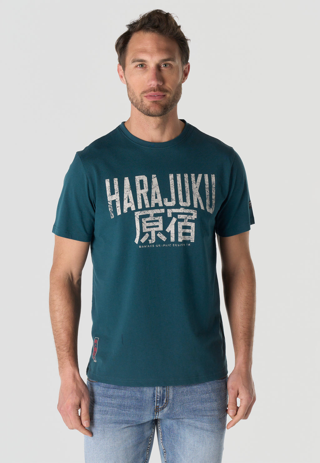 Herren T-Shirt Kurzarm Print Rundhals Regular Fit - Koroshi Petrol