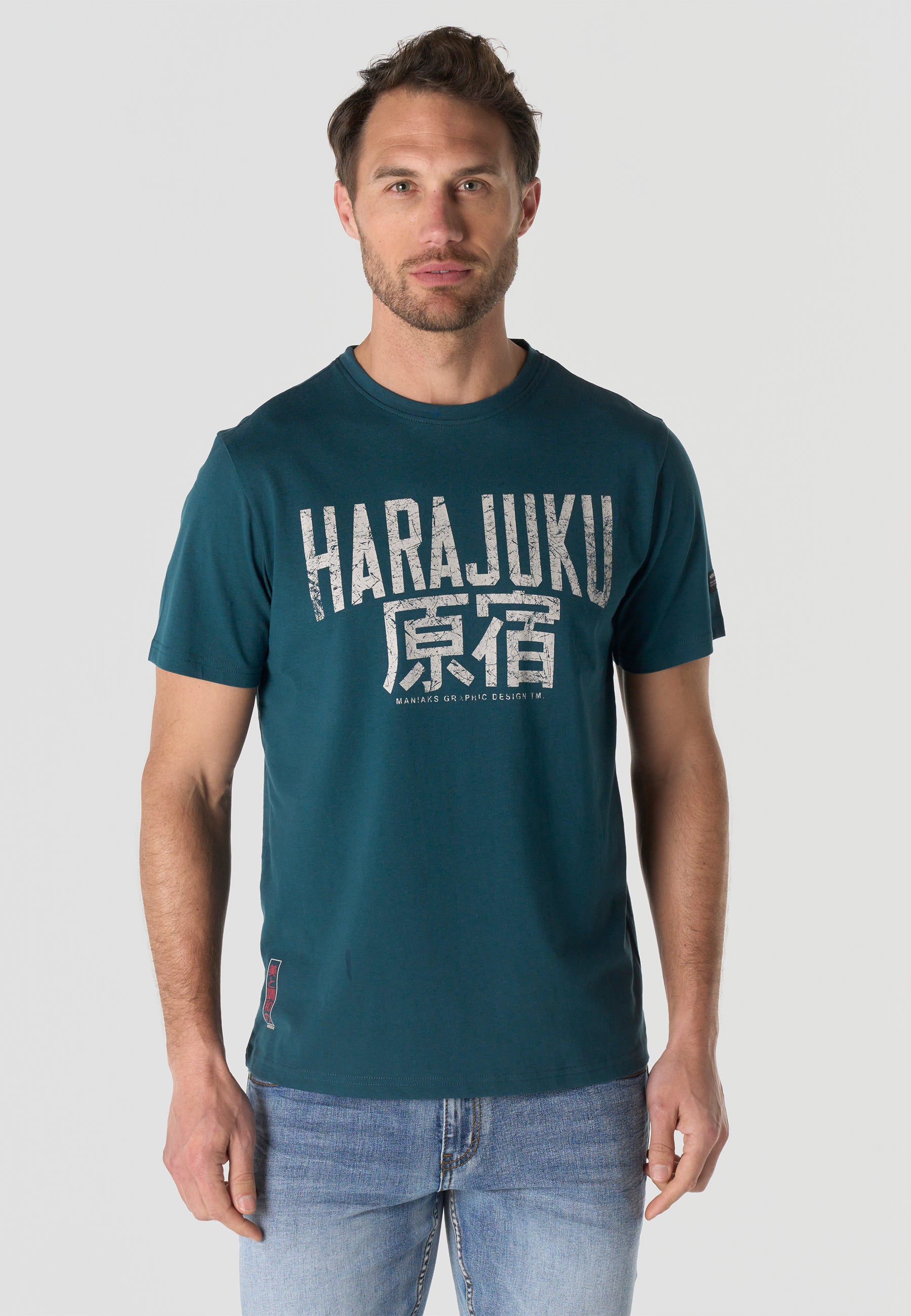 Herren T-Shirt Kurzarm Print Rundhals Regular Fit - Koroshi Petrol
