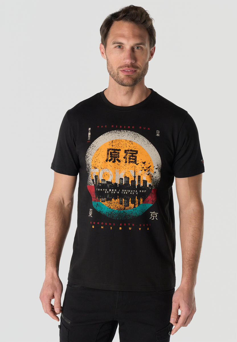T-shirt Homme Manches Courtes Imprime Noir Col Rond Coupe Regular - KOROSHI