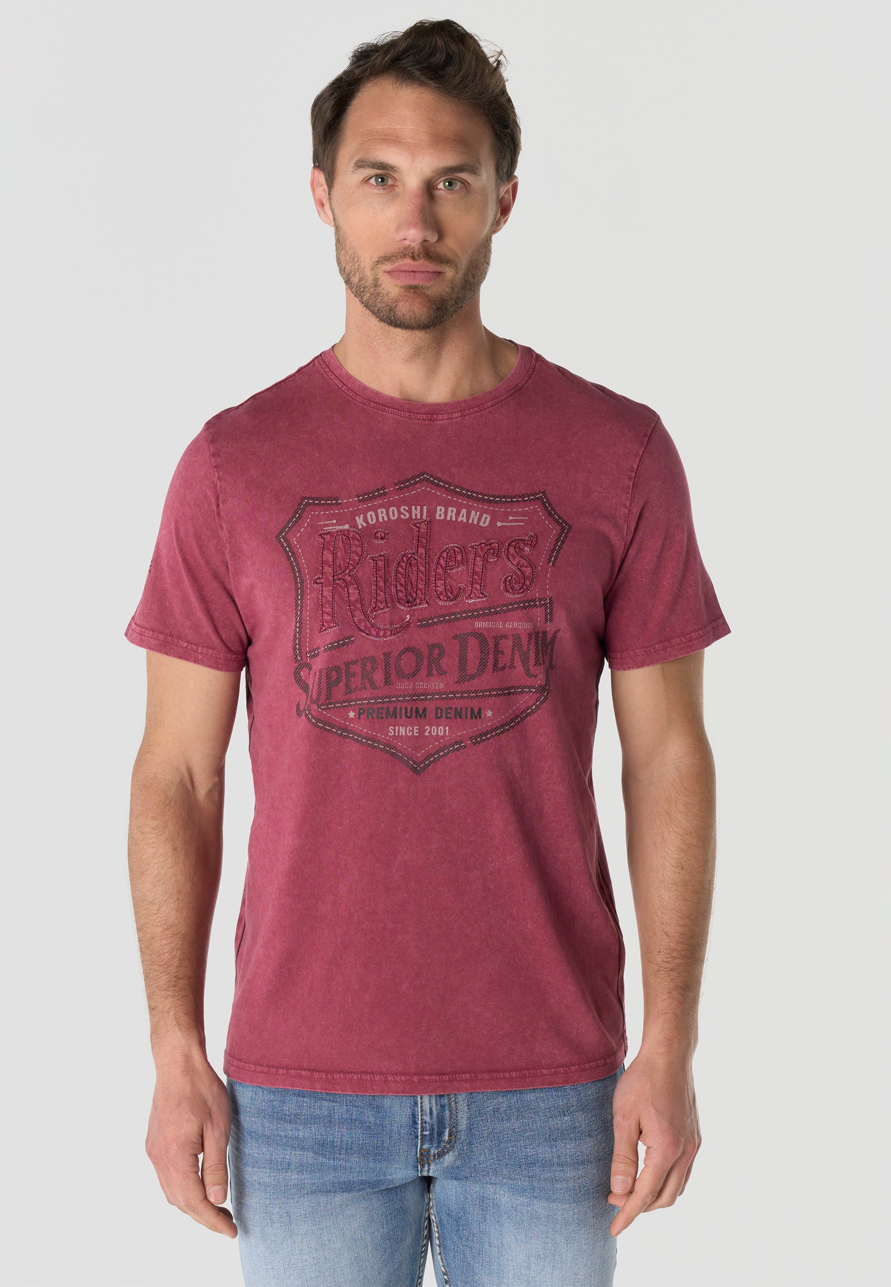 T-shirt Homme Manches Courtes Bordeaux Imprime Frontal Effet Delave Vintage Col Rond - KOROSHI