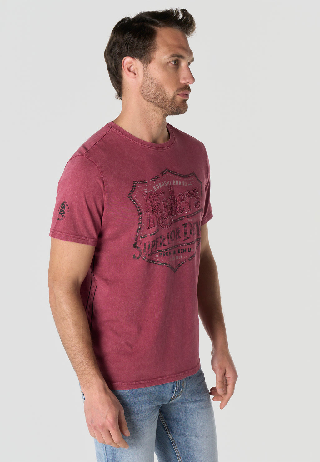 T-shirt Homme Manches Courtes Bordeaux Imprime Frontal Effet Delave Vintage Col Rond - KOROSHI