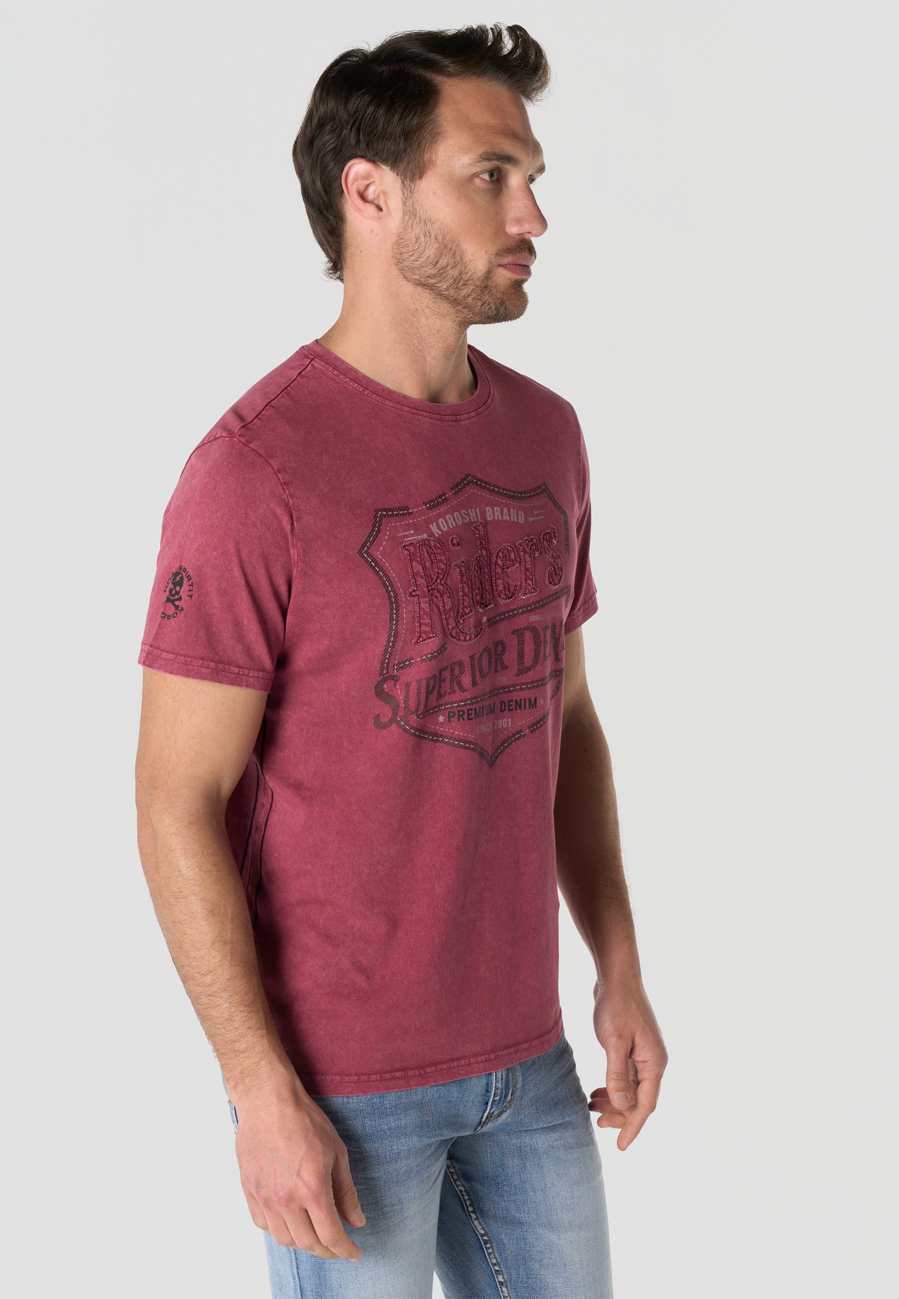 T-shirt Homme Manches Courtes Bordeaux Imprime Frontal Effet Delave Vintage Col Rond - KOROSHI