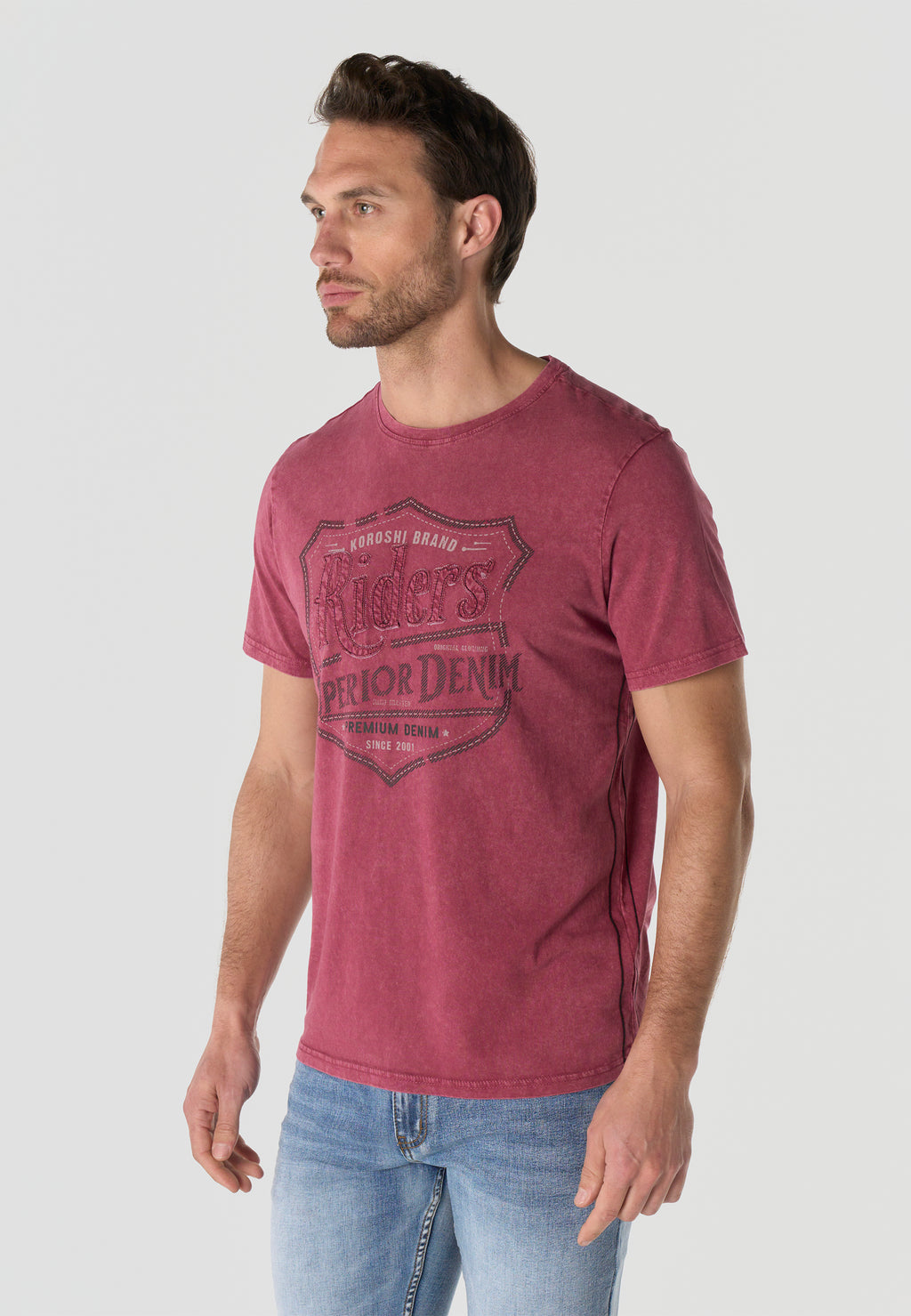 T-shirt Homme Manches Courtes Bordeaux Imprime Frontal Effet Delave Vintage Col Rond - KOROSHI