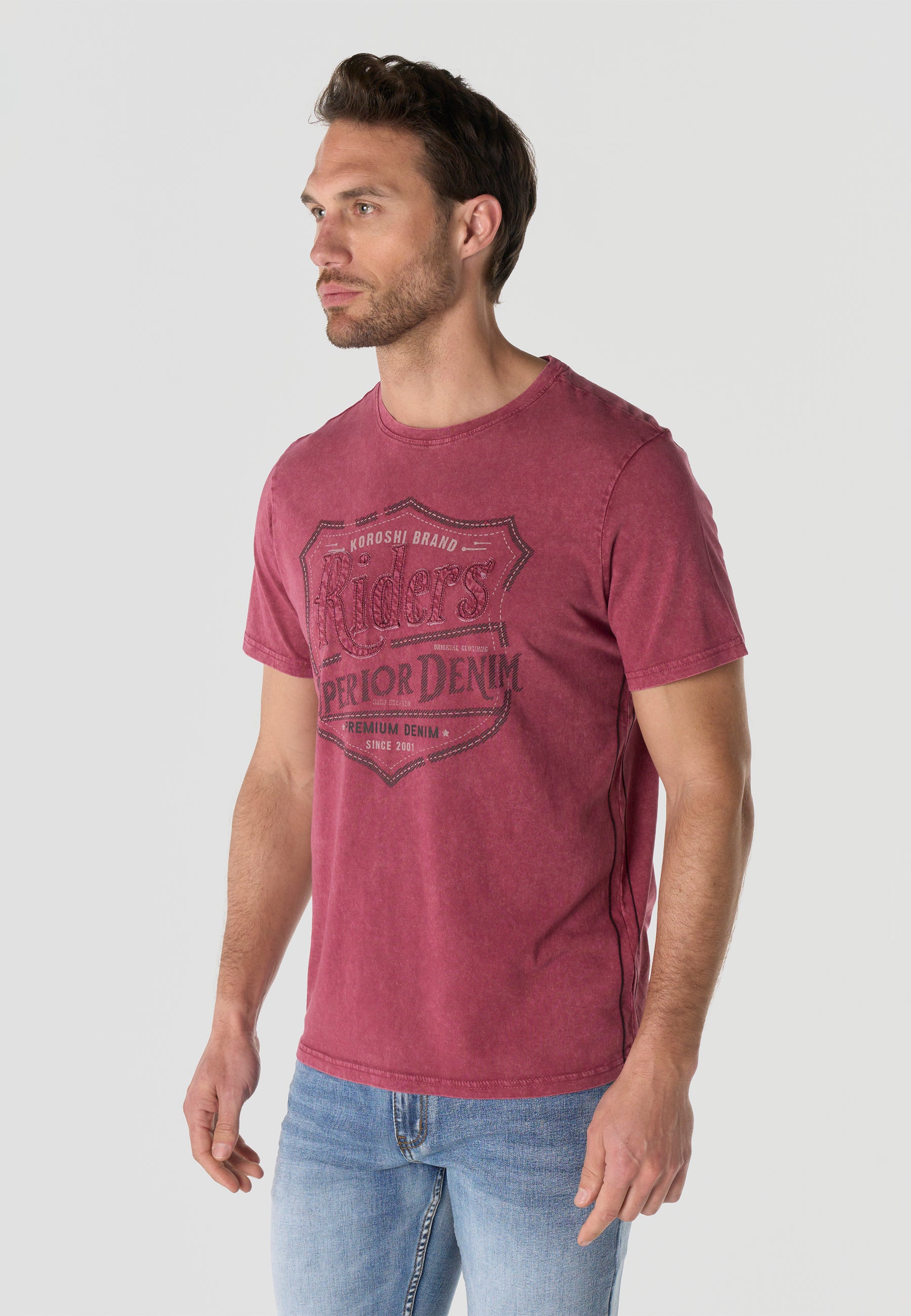 T-shirt Homme Manches Courtes Bordeaux Imprime Frontal Effet Delave Vintage Col Rond - KOROSHI