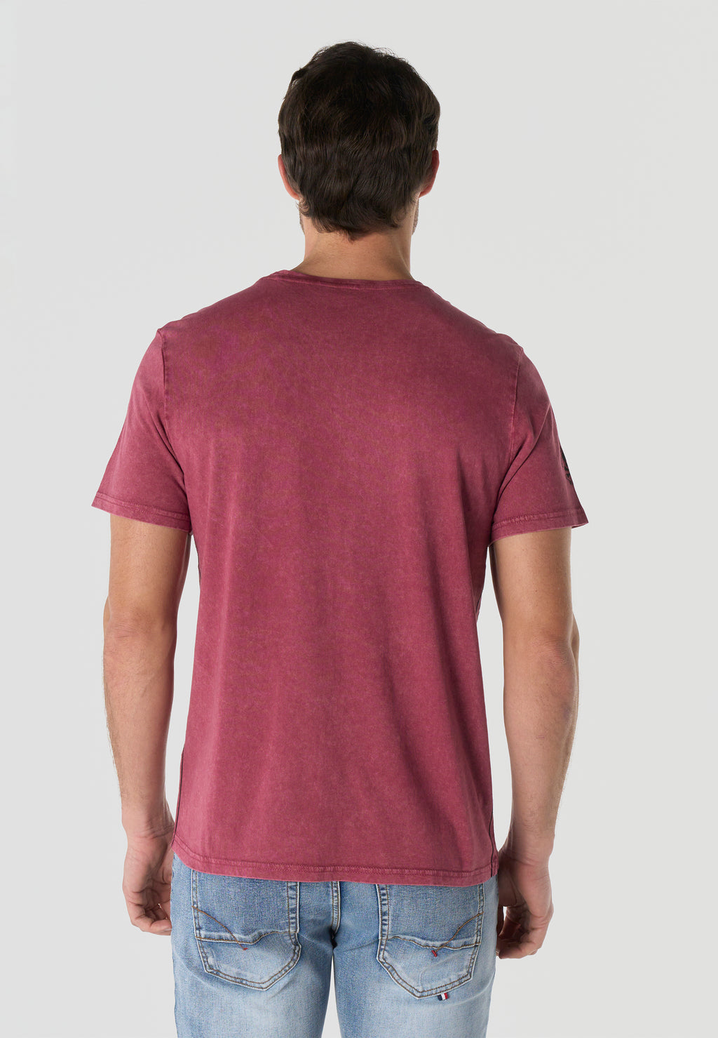 T-shirt Homme Manches Courtes Bordeaux Imprime Frontal Effet Delave Vintage Col Rond - KOROSHI