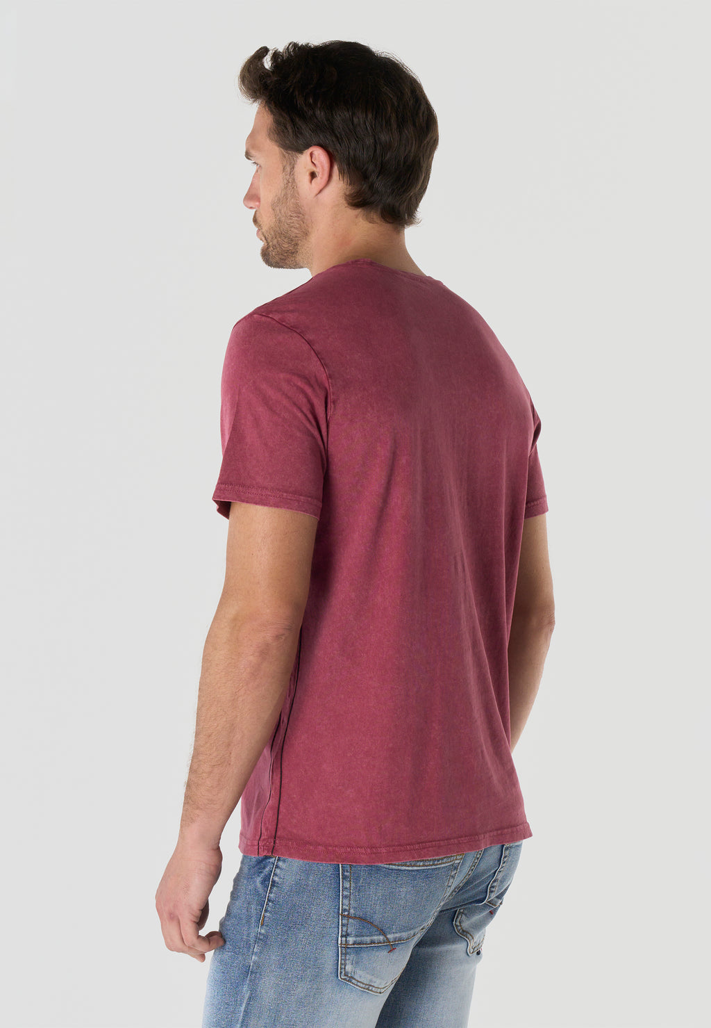 T-shirt Homme Manches Courtes Bordeaux Imprime Frontal Effet Delave Vintage Col Rond - KOROSHI