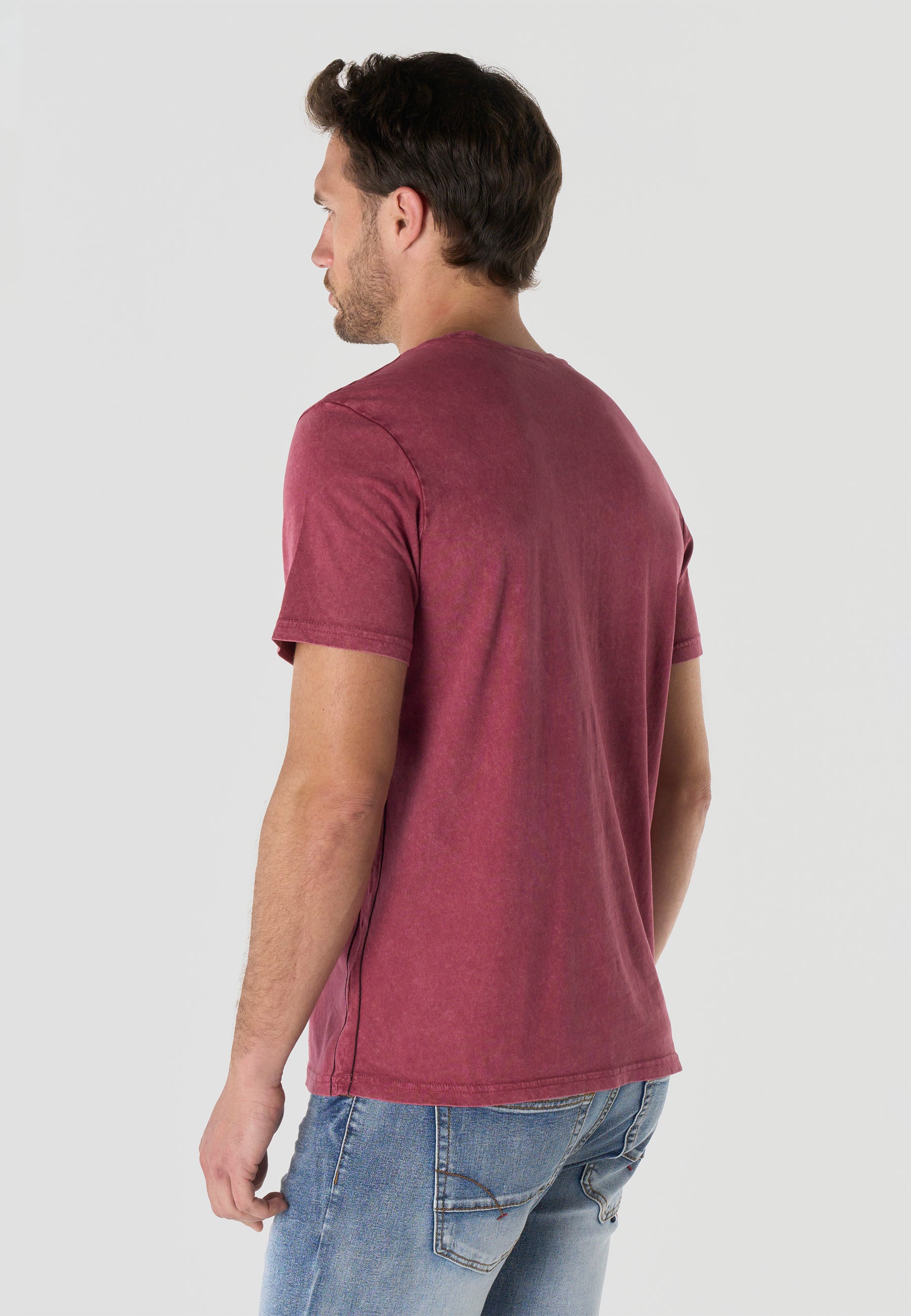 T-shirt Homme Manches Courtes Bordeaux Imprime Frontal Effet Delave Vintage Col Rond - KOROSHI