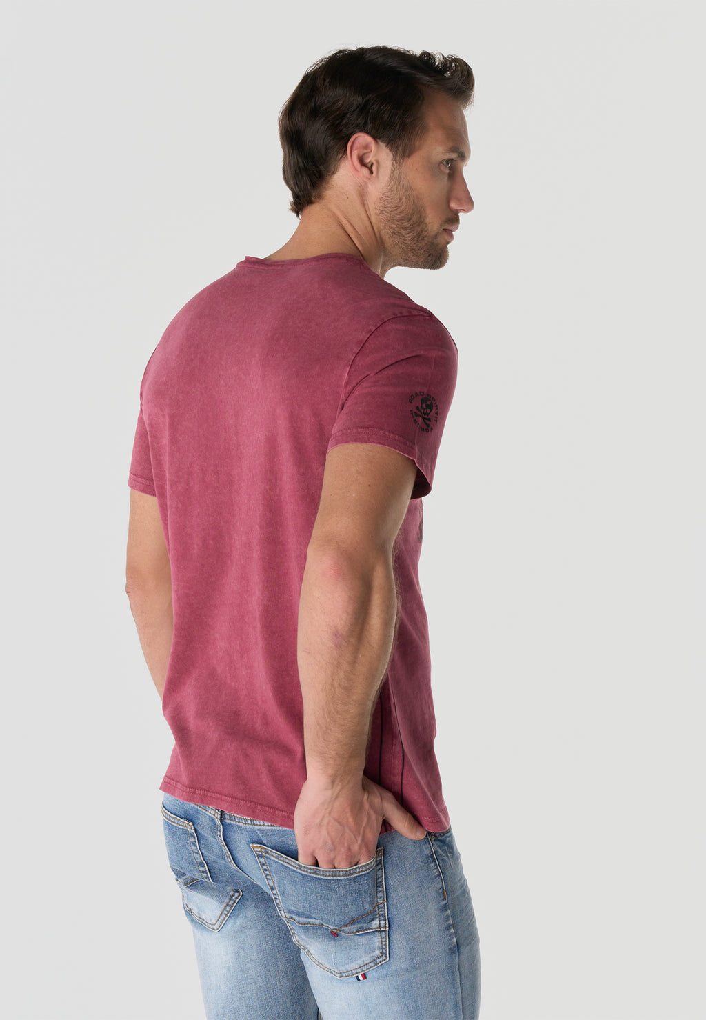T-shirt Homme Manches Courtes Bordeaux Imprime Frontal Effet Delave Vintage Col Rond - KOROSHI