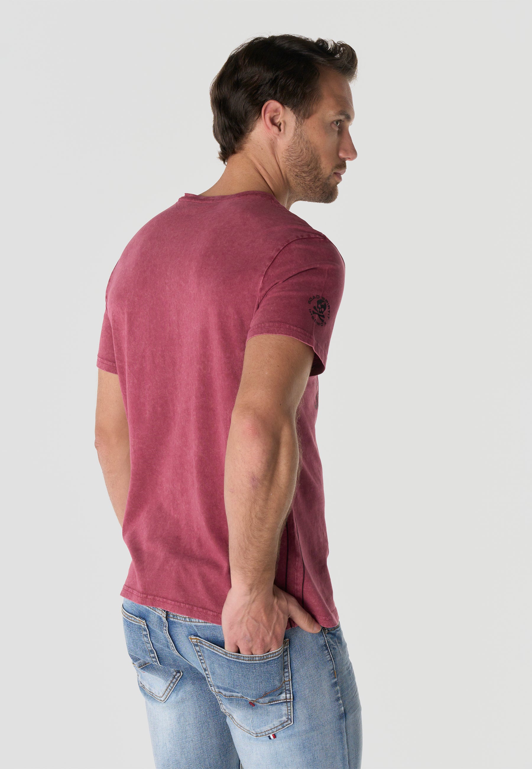 T-shirt Homme Manches Courtes Bordeaux Imprime Frontal Effet Delave Vintage Col Rond - KOROSHI