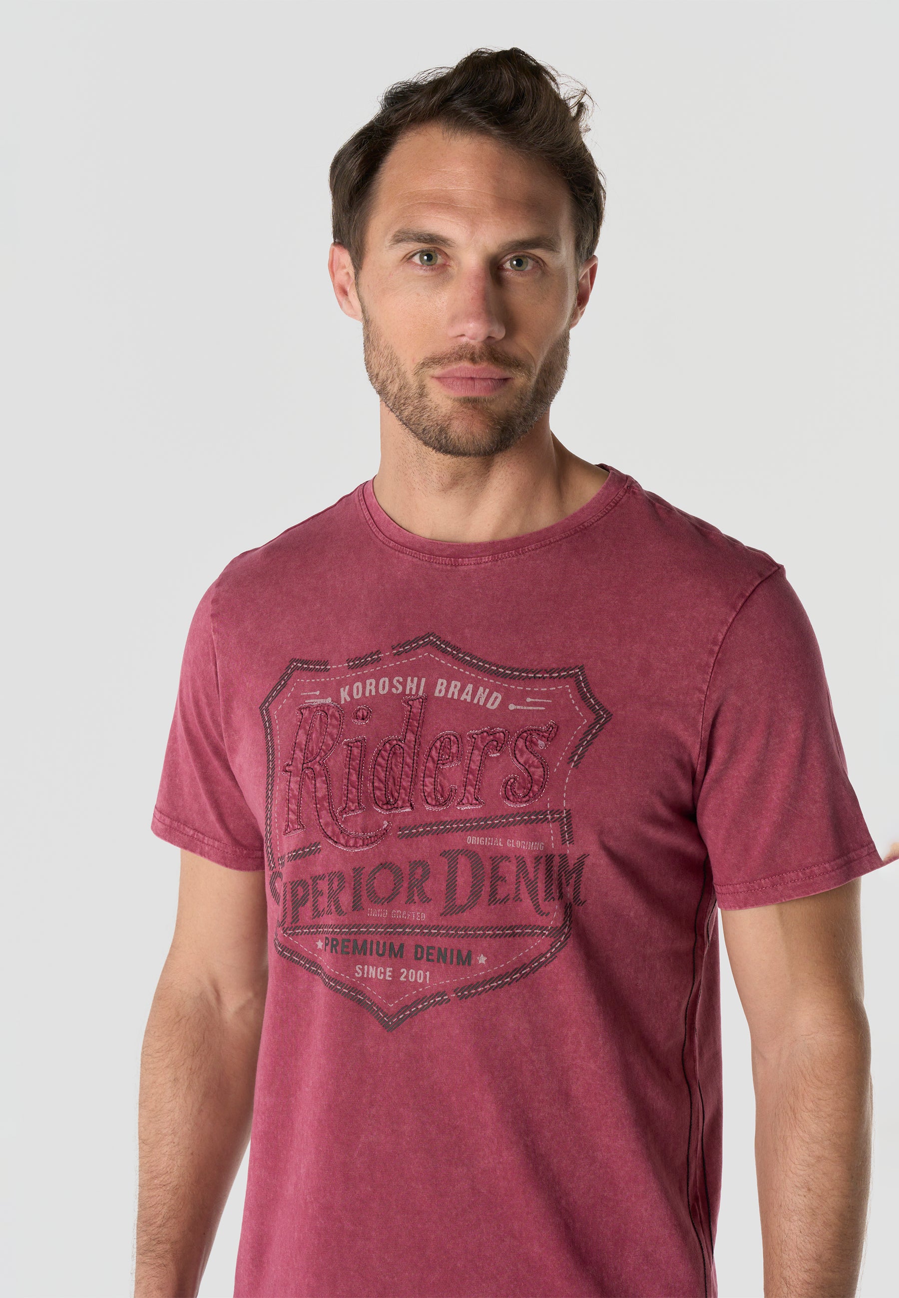 T-shirt Homme Manches Courtes Bordeaux Imprime Frontal Effet Delave Vintage Col Rond - KOROSHI