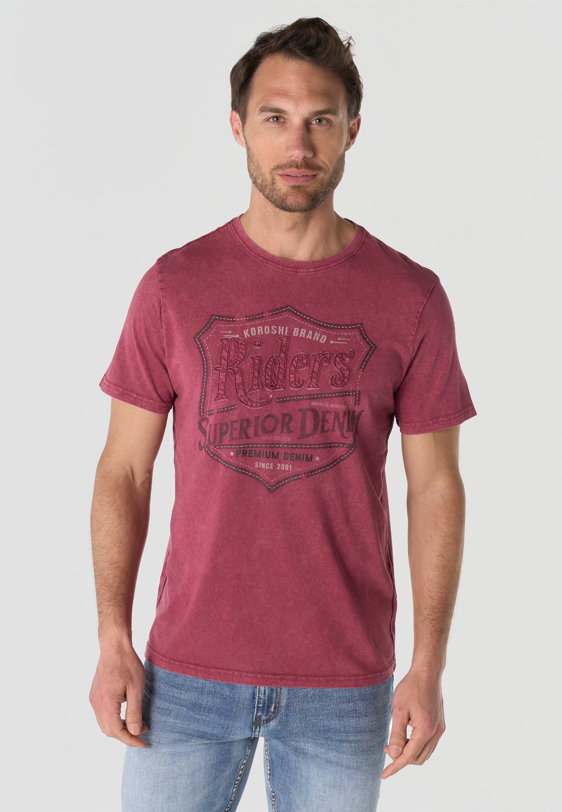 T-shirt Homme Manches Courtes Bordeaux Imprime Frontal Effet Delave Vintage Col Rond - KOROSHI