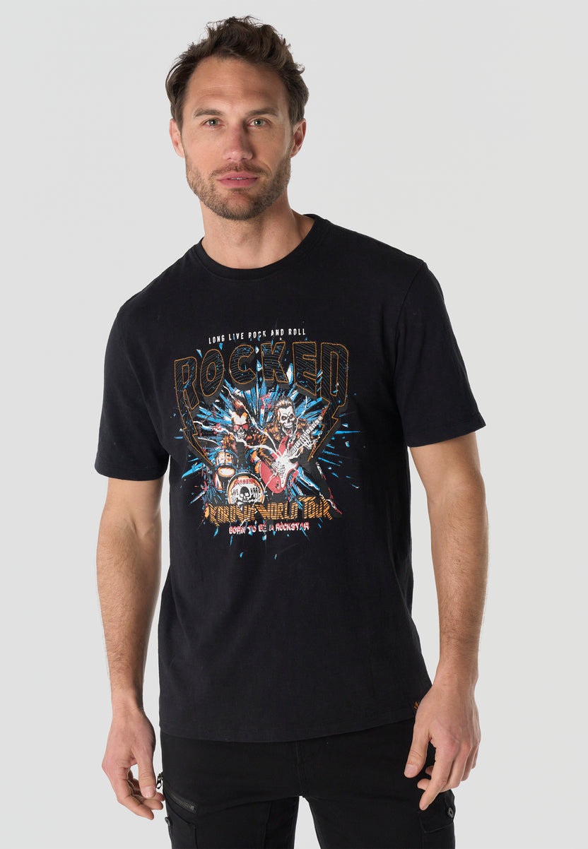 Camiseta Hombre Manga Corta Estampada Negra Cuello Redondo Regular Fit – KOROSHI
