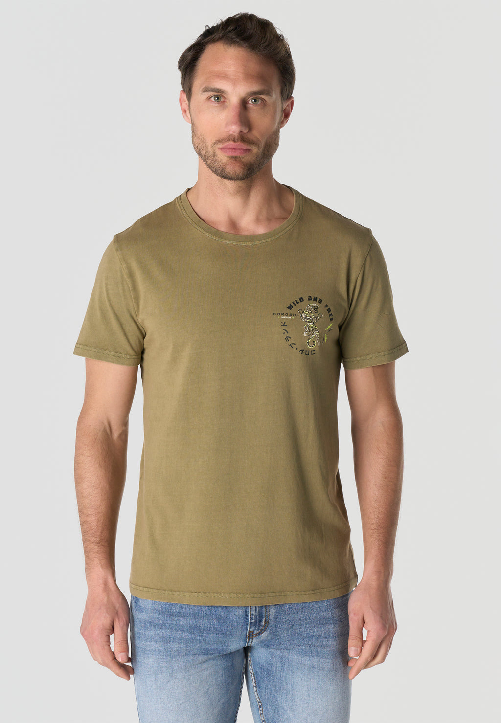 Camiseta Hombre Manga Corta Estampada Kaki Efecto Lavado Vintage Cuello Redondo Regular Fit – KOROSHI