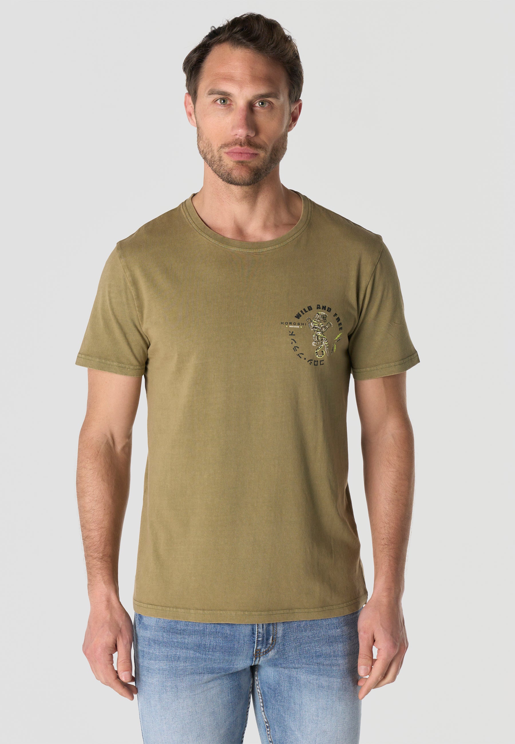 Camiseta Hombre Manga Corta Estampada Kaki Efecto Lavado Vintage Cuello Redondo Regular Fit – KOROSHI