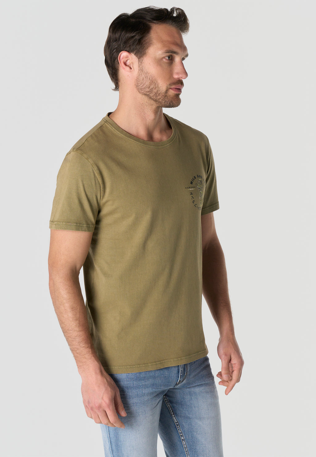 Camiseta Hombre Manga Corta Estampada Kaki Efecto Lavado Vintage Cuello Redondo Regular Fit – KOROSHI