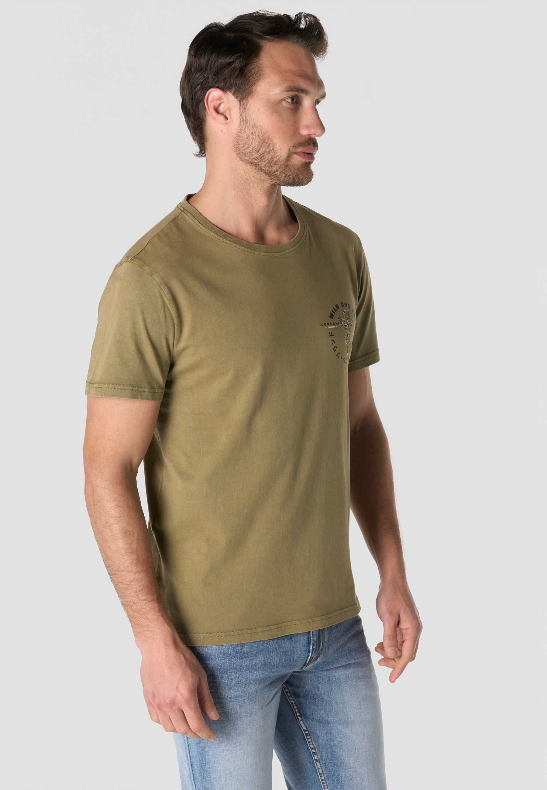 Camiseta Hombre Manga Corta Estampada Kaki Efecto Lavado Vintage Cuello Redondo Regular Fit – KOROSHI