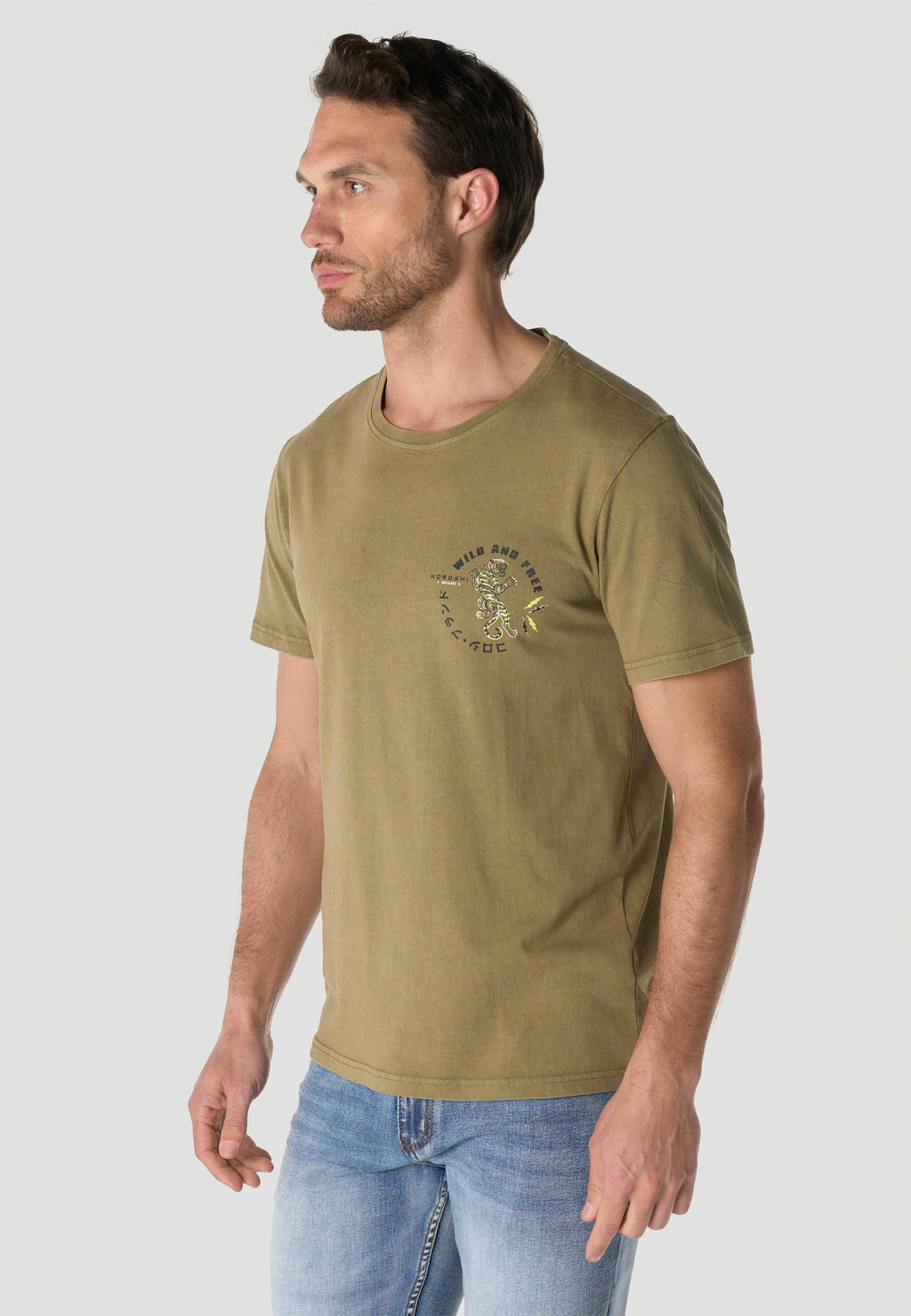 Camiseta Hombre Manga Corta Estampada Kaki Efecto Lavado Vintage Cuello Redondo Regular Fit – KOROSHI