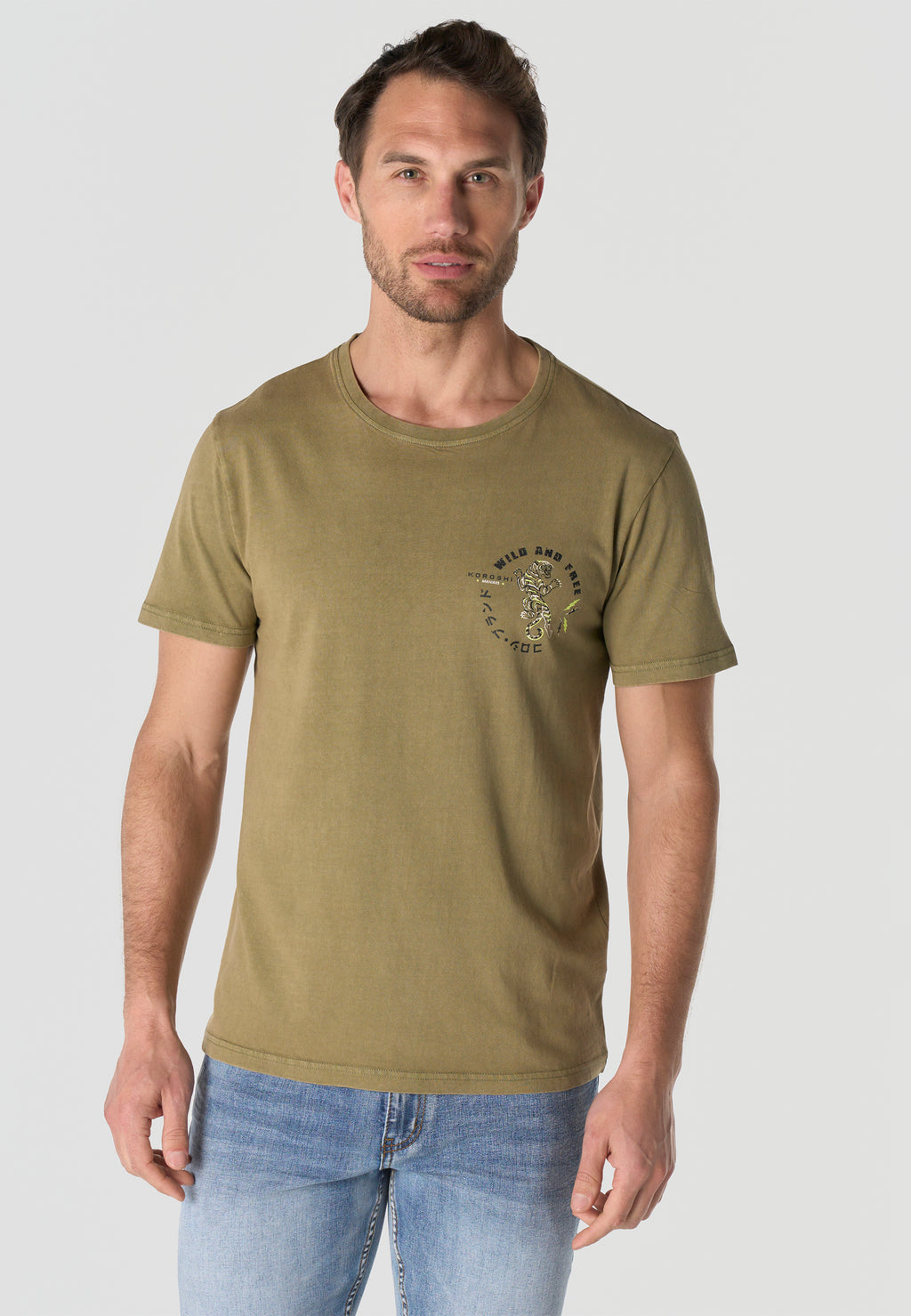 Camiseta Hombre Manga Corta Estampada Kaki Efecto Lavado Vintage Cuello Redondo Regular Fit – KOROSHI