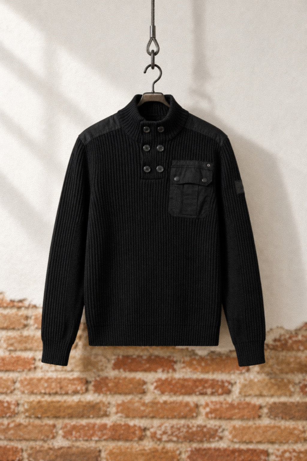 Pull tricot homme col à boutons noir – Koroshi