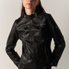 Giacca biker donna effetto pelle stampa damask nera - Koroshi